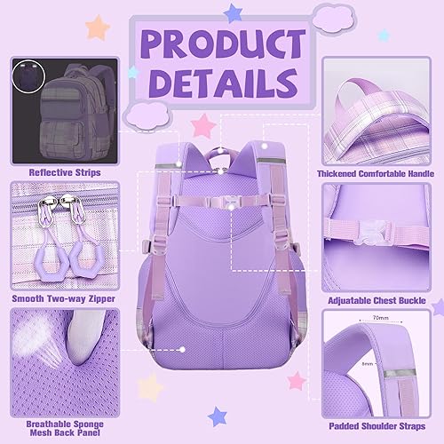 Miniatura 4 de Juego de mochila kawaii, bolsa para laptop a cuadros de 17 pulgadas, mochila de doble hombro de gran capacidad, Estilo6-púrpura, Tamaño único
