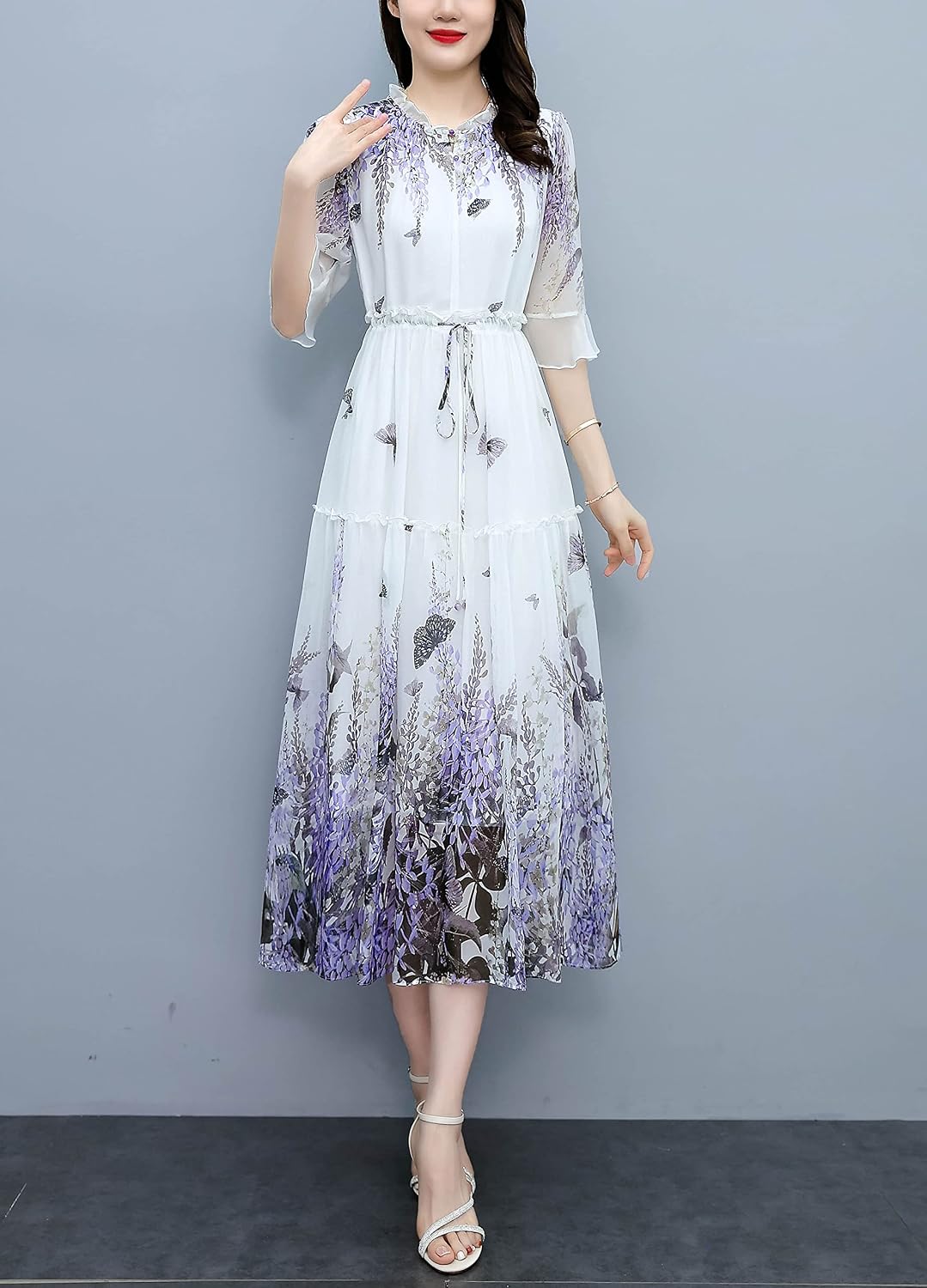 LAI MENG FIVE CATS Women's Vintage Round Neck Floral Print Casual Elegant Midi Dress
