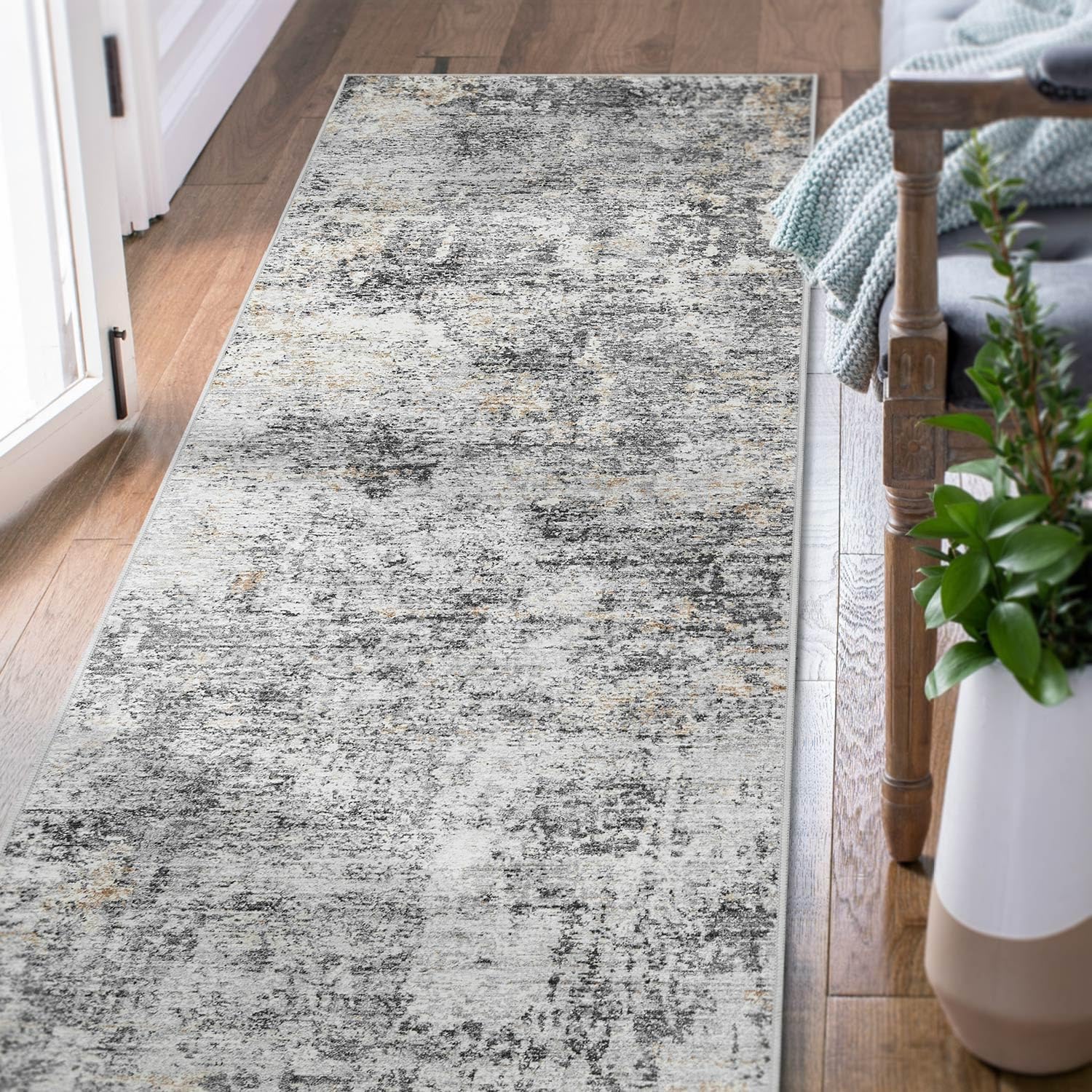 jinchan Runner Rug 3x7 Washable Rug Modern Rug Abstract Floor Mat Grey Multi Print Rug Thin Rug Colorful Overdyed Indoor Mat Kitchen Rug Contemporary Carpet for Bedroom Dining Room Living Room 3'x7' Distressed Gray