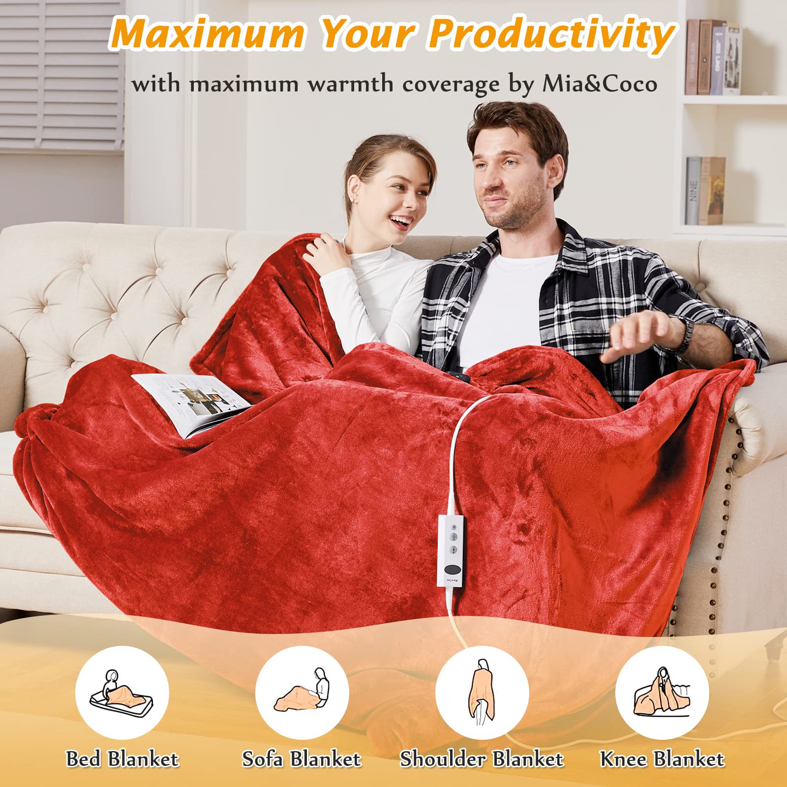 Mia&Coco Electric Blanket with Automatic Shut-Off, 180 x 200 cm, 10 Heat Settings, Up-to-9 Hours, Auto-Off Timer, Overheating Protection, Electric Heat Blanket, Washable, Red Home & Kitchen
