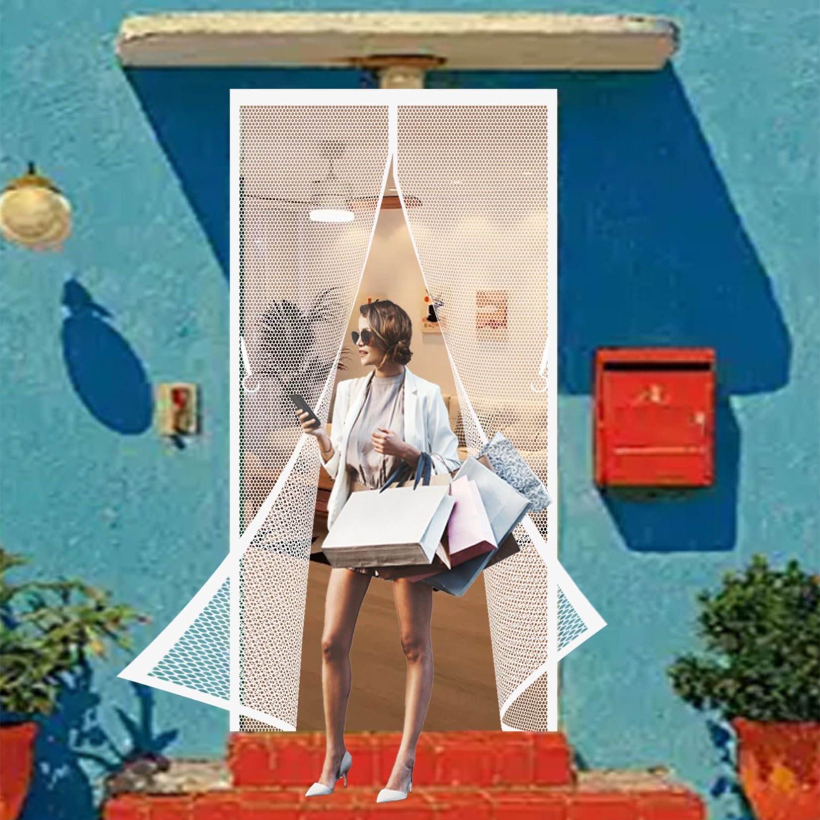 Liujyuan White Magnetic Fly Screen Door 155 X 132 Cm With Magnets, Magic Tapes, Polyester Fly Screen Curtain Without Drilling, Heavy Duty Pet And Kid Friendly,