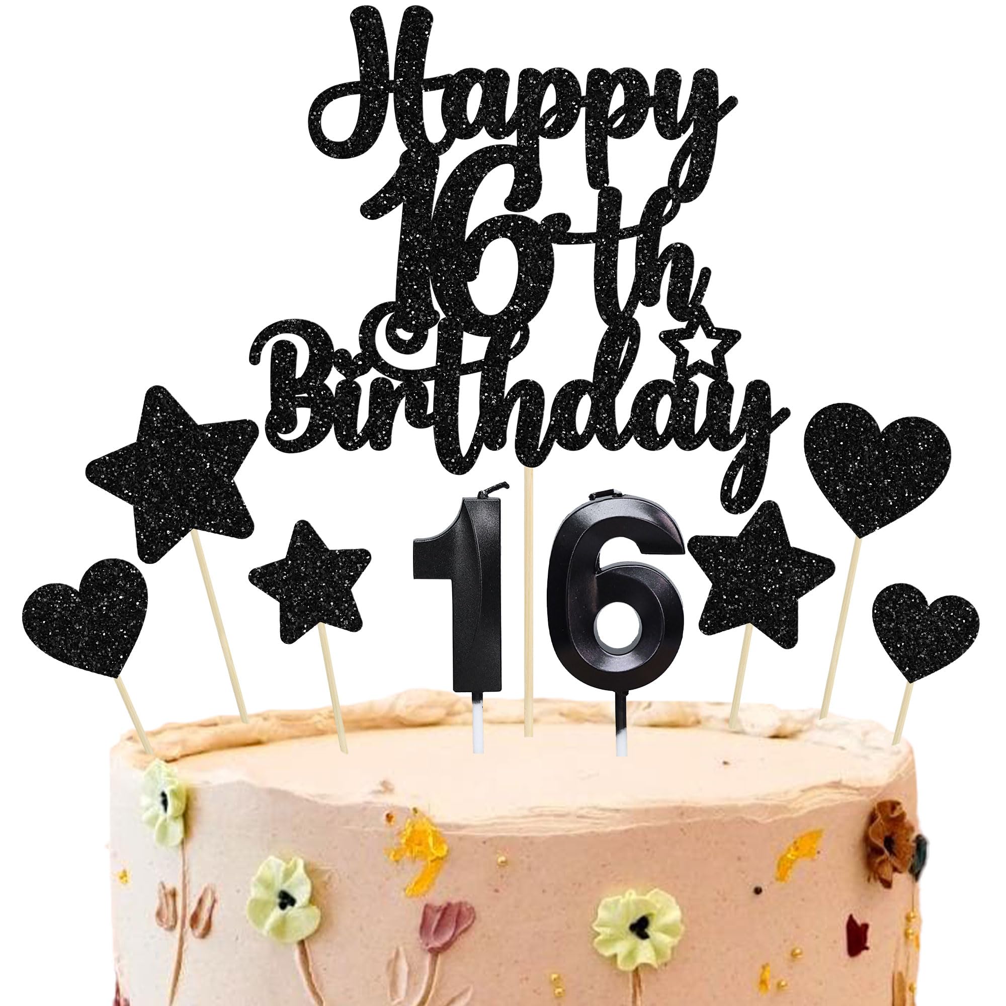 Gyufise 15Pcs Happy 16th Birthday Cake Topper Set with Heart Star Glitter Cheers to 16 Years Cake Picks Number 16 Candles Cake Decorations for Happy 16th Birthday Anniversary Party Supplies Black