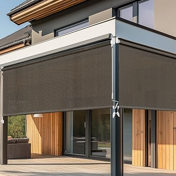 Keego Outdoor Roller Shade for Patio,Waterproof Cordless Outdoor Blinds,Light Filtering Roller Blinds for Deck, Porch, Pergola, Balcony Custom Size,Coffee-Black