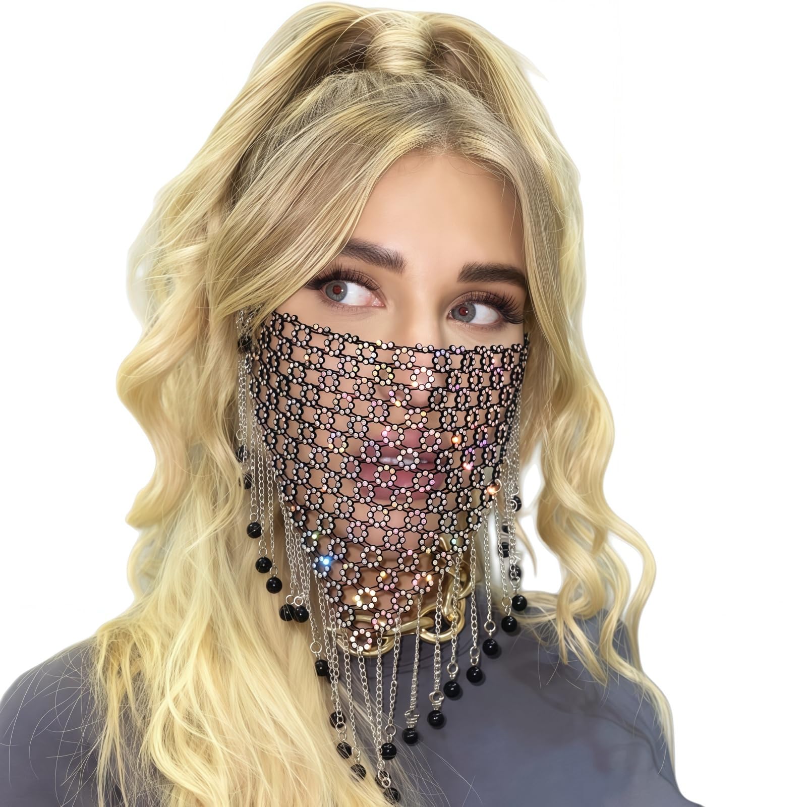 Hybursky Women's Style-A Glitter Sequins Face Mask With Rhinestones For Hollow Out Masquerade Masks Tassel Adults Halloween Party Cosplay Belly Dance Costume Fancy Dress Masks,