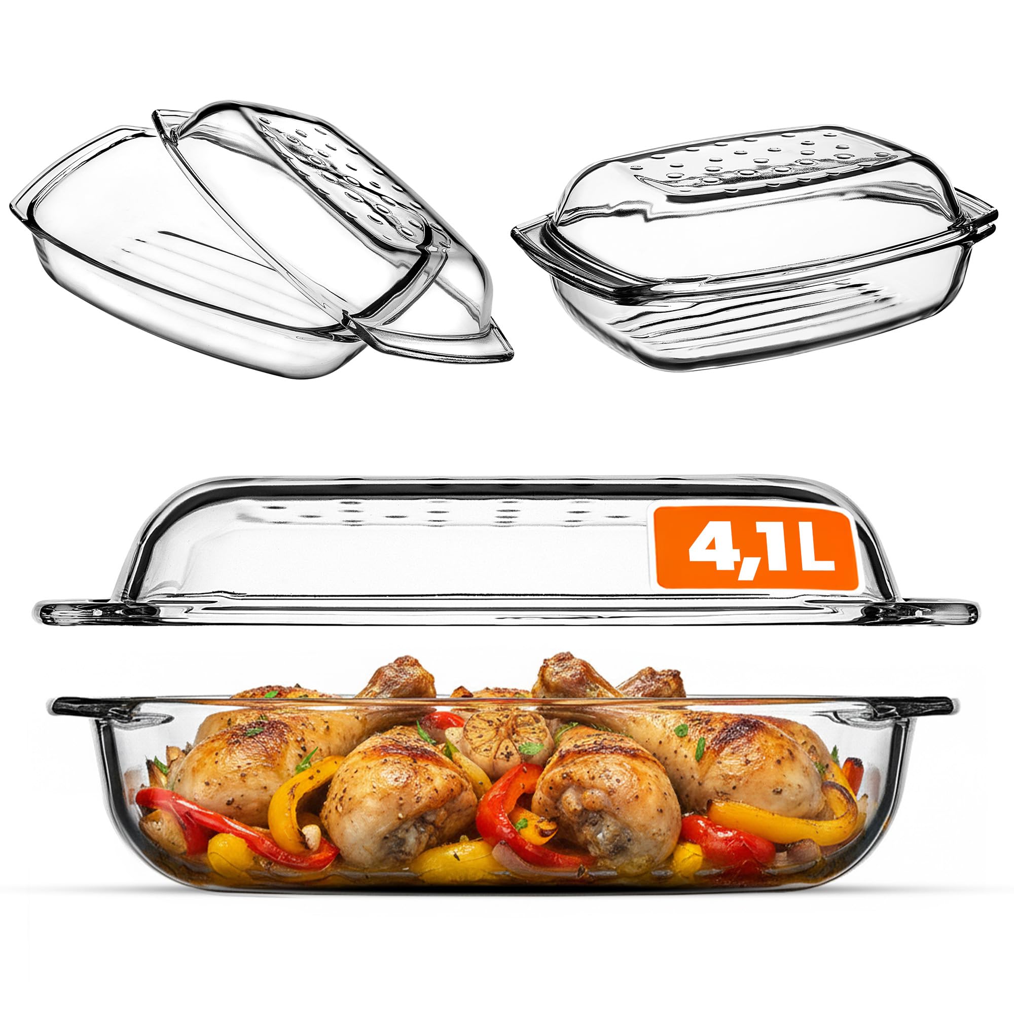 KADAX Glasbräter, Auflaufform mit Deckel aus hitzebeständigem Glas, feuerfestes Gefäß für Lasagne, Gemüseeintopf, Glasbräter zum Braten im Backofen (Rechteckig - 4.1L)