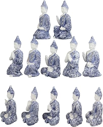 Miniatura 8 de Ebros Gift Exhibición de altar tibetano de terracota azul y blanca con soporte de incienso Lotus Padma y 7 figuras de elefantes del budismo