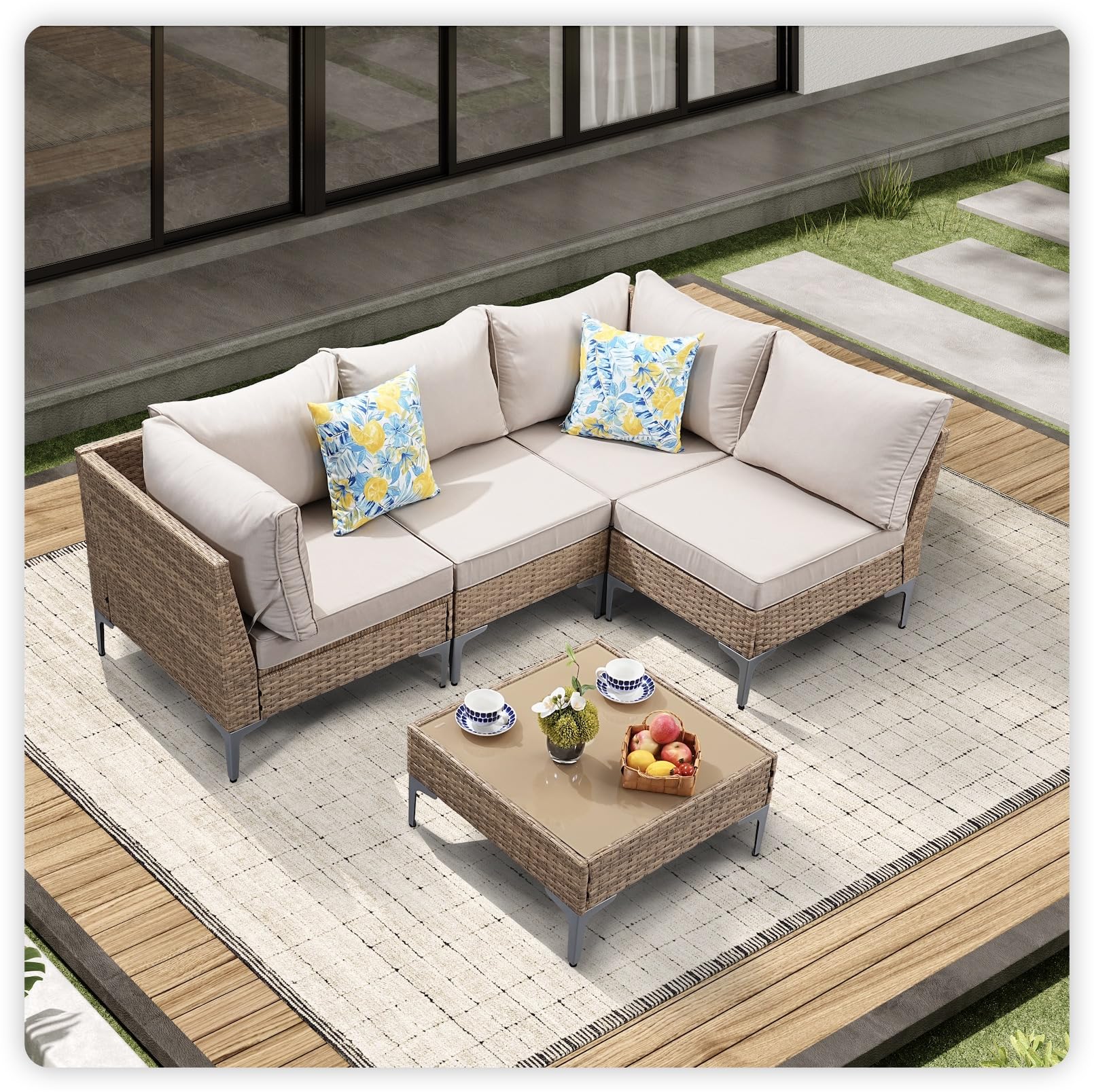 5 Piece Wicker Patio Furniture Set,Outdoor Conversation Sectional Sofa w/Coffee Table,All-Weather Outdoor Sofa with Thick and Anti-Slip Cushions for Deck,Poolside,Garden,Beige