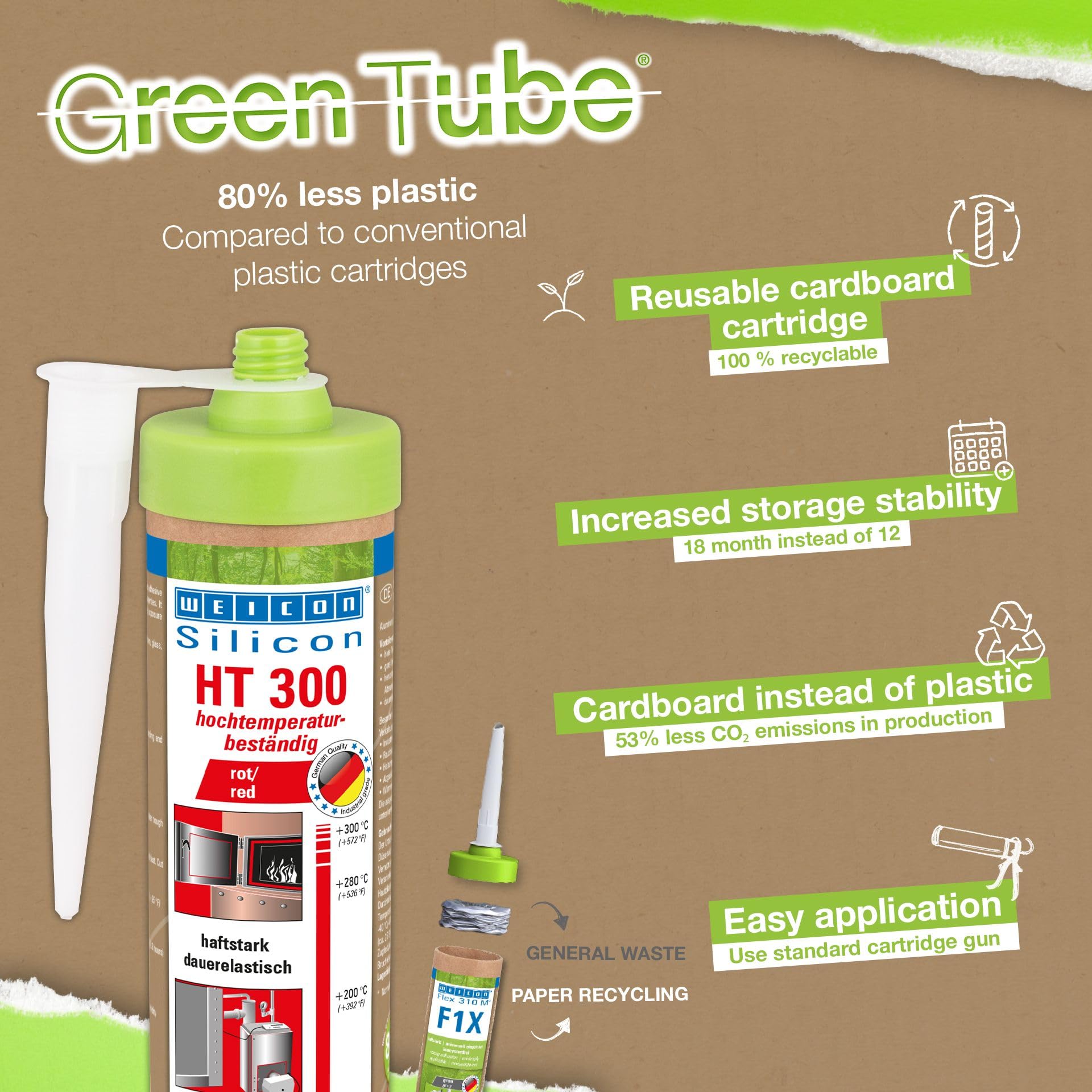 WEICON Green Tube Silicon HT 300, rot, 280 ml, Set