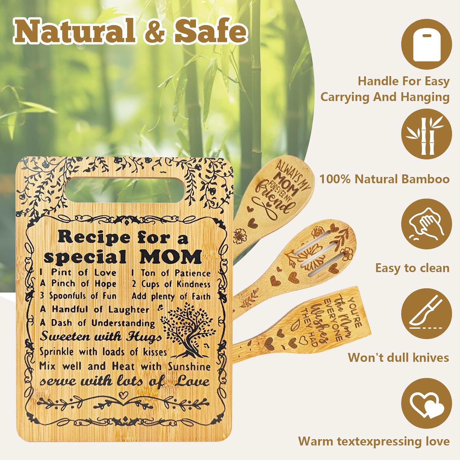 Mom Birthday Gifts - "Recipe for a Special Mom" Cutting Board Set, Mothers Day Gifts Bamboo-Made Engraved Utensil Set Sister Gifts from Daughter and Son