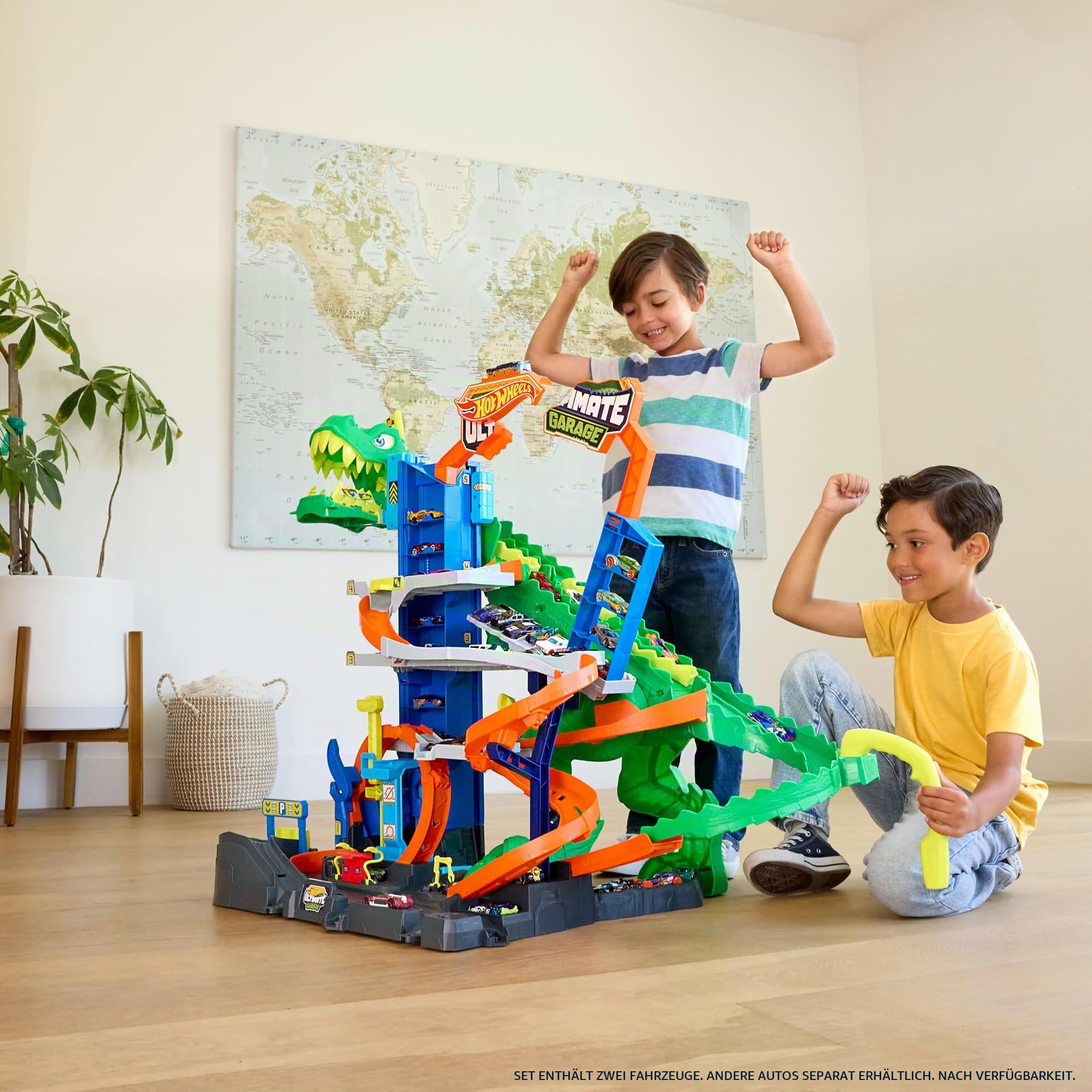 Hot Wheels City Ultimative T-Rex Garage und 2 Druckguss-Spielzeugautos – Ansicht 2