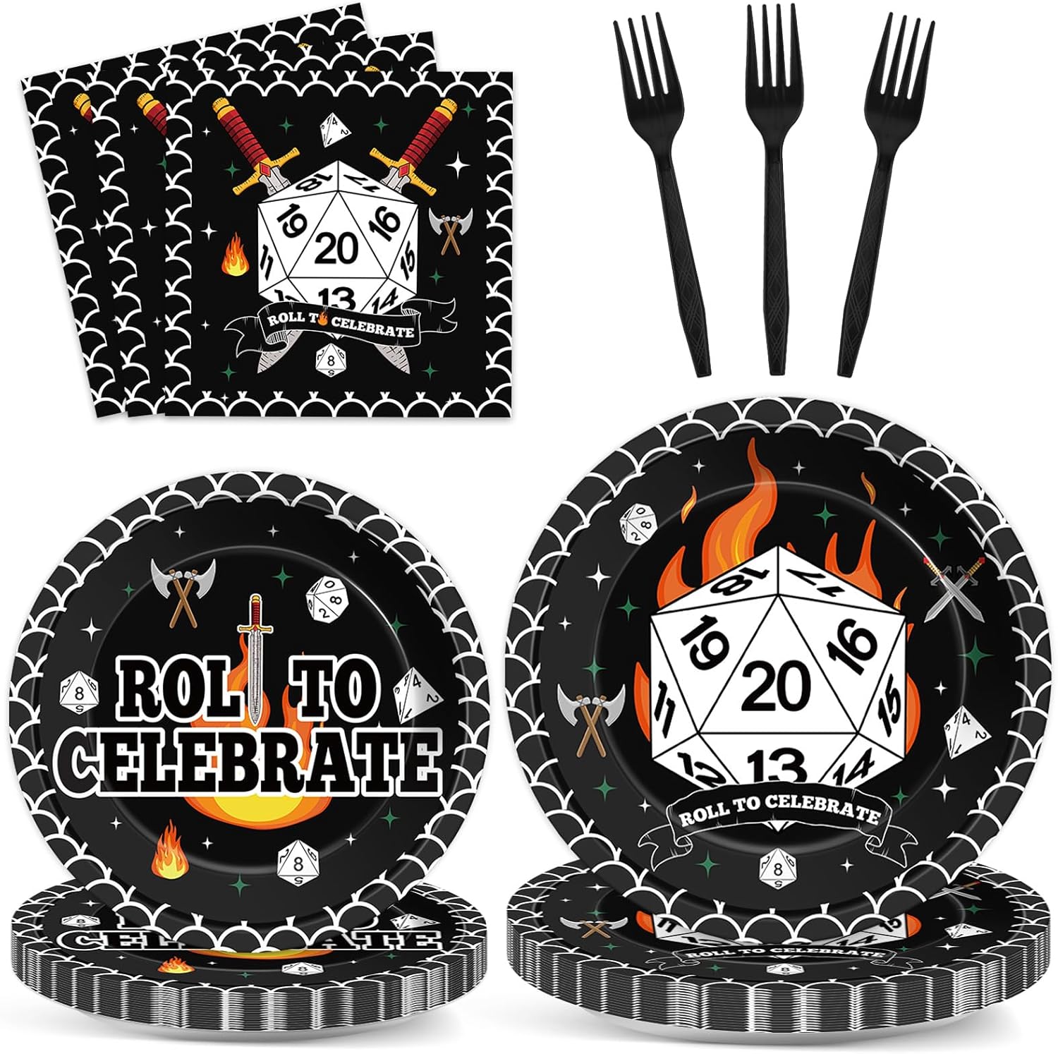 96Pcs D20 Dice Themed Birthday Party Plates and Napkins Dungeons Game Night Decor Roll to Celebrate Paper Disposable Cake Plates Role-Playing Game Themed Tableware Set for Adults Baby Shower 24 Guests