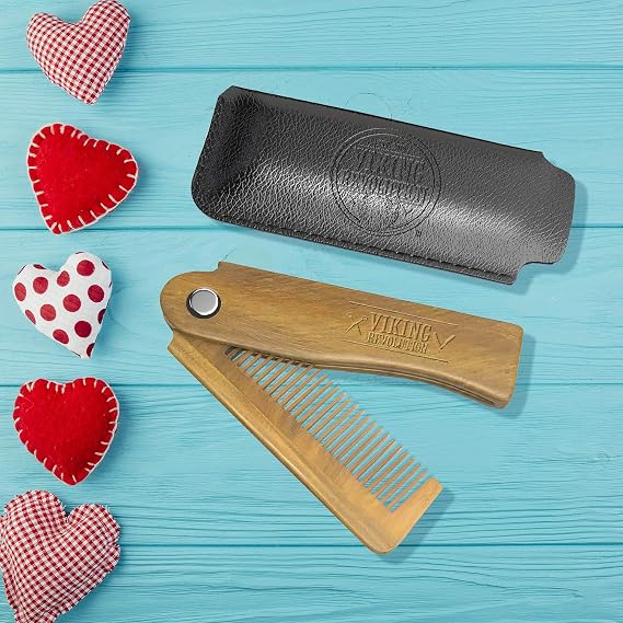 Viking Revolution Folding Beard Comb - Natural Wooden Comb - 1 Count | All-Natural Wooden Beard Comb - Includes Carrying Pouch & Gift Box - For Grooming Beards & Mustaches - Green Sandalwood