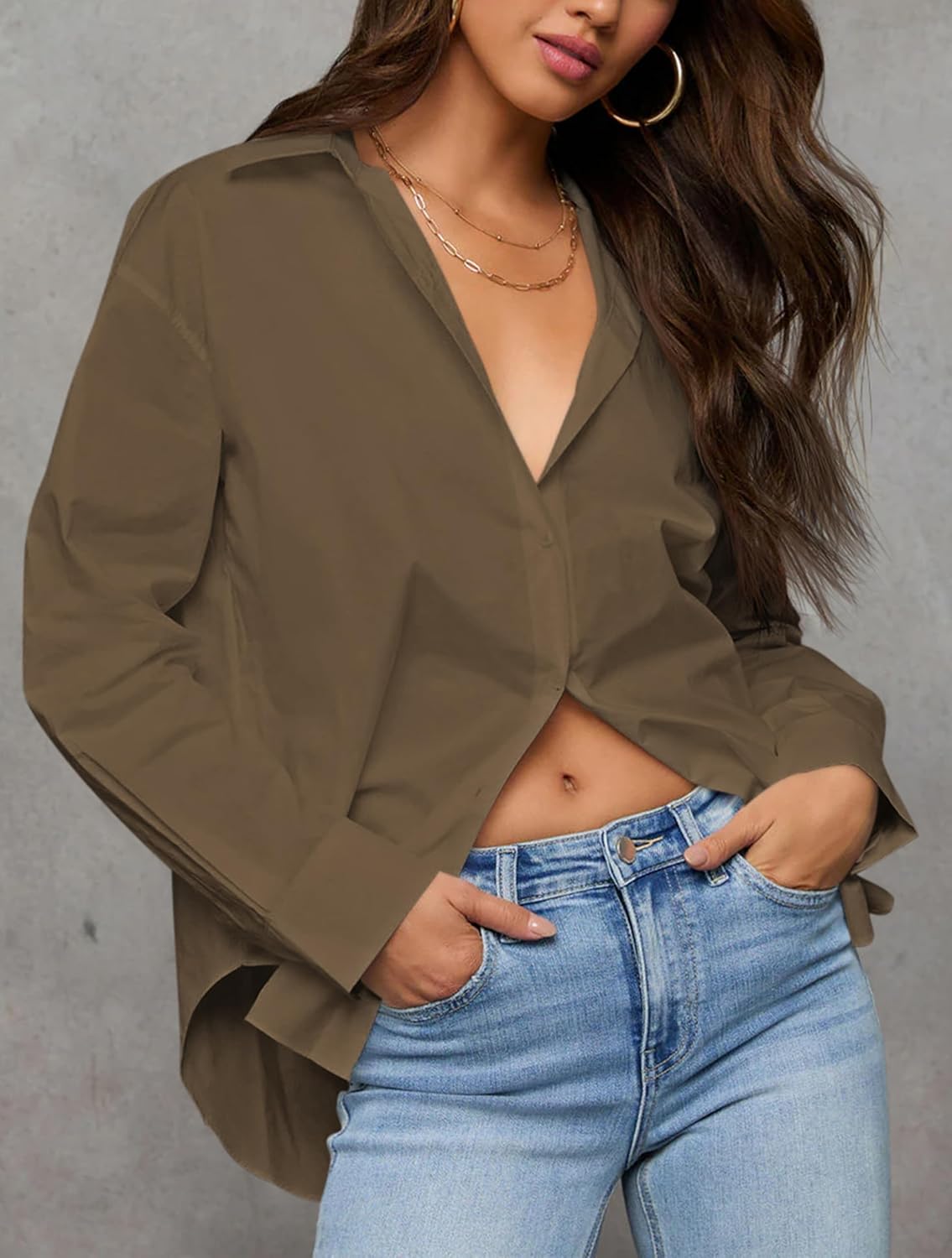 Diosun Women’s Cotton Button Down Shirts V Neck Casual Long Sleeve Stylish Business Solid Color Blouses Tops - Image 3