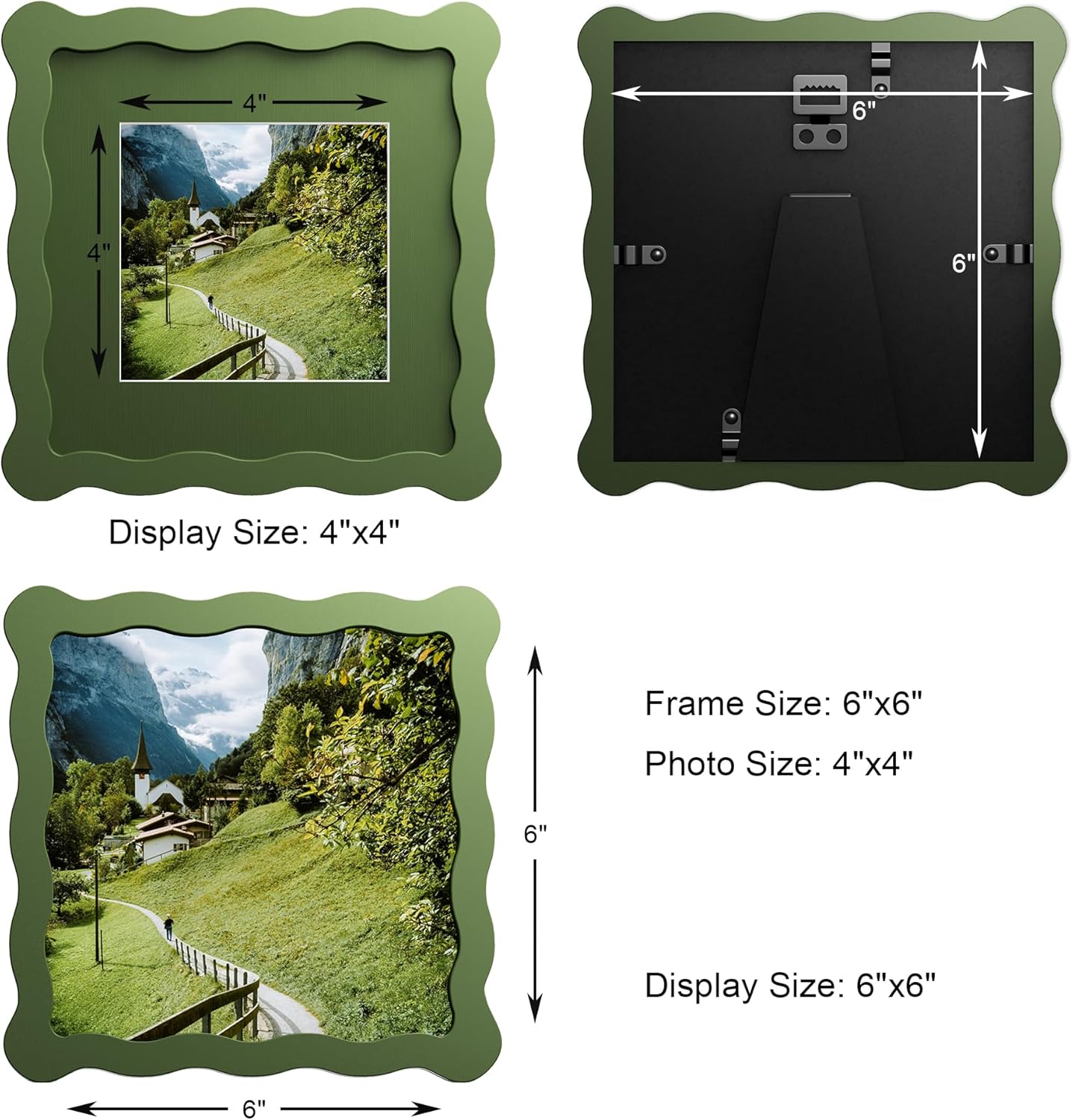 6x6 Wavy Picture Frame With Mat For 4x4, Wavy Edge Wooden Picture Frame with Real Glass - Wall Mount and Tabletop Display, Green, 2 Pack