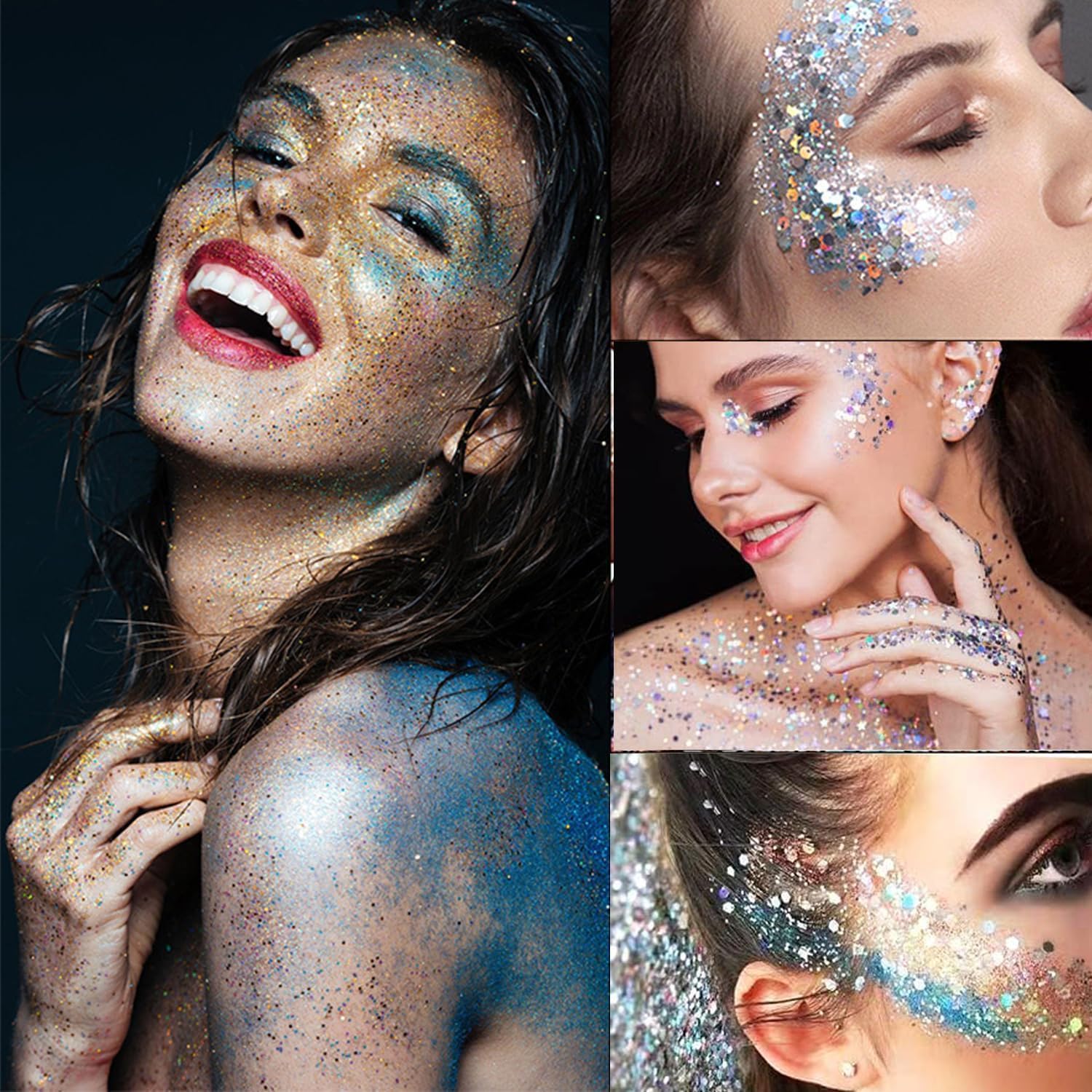 Festival Glitter Face for Festive Fancy Dress + 2 Patches Gold Face Glitter  Makeup Speckles, Body for Nail Art and Body, Hair, Feminine Make-Up Sequins  and Accessories (Glossy White) : Amazon.ie: Beauty