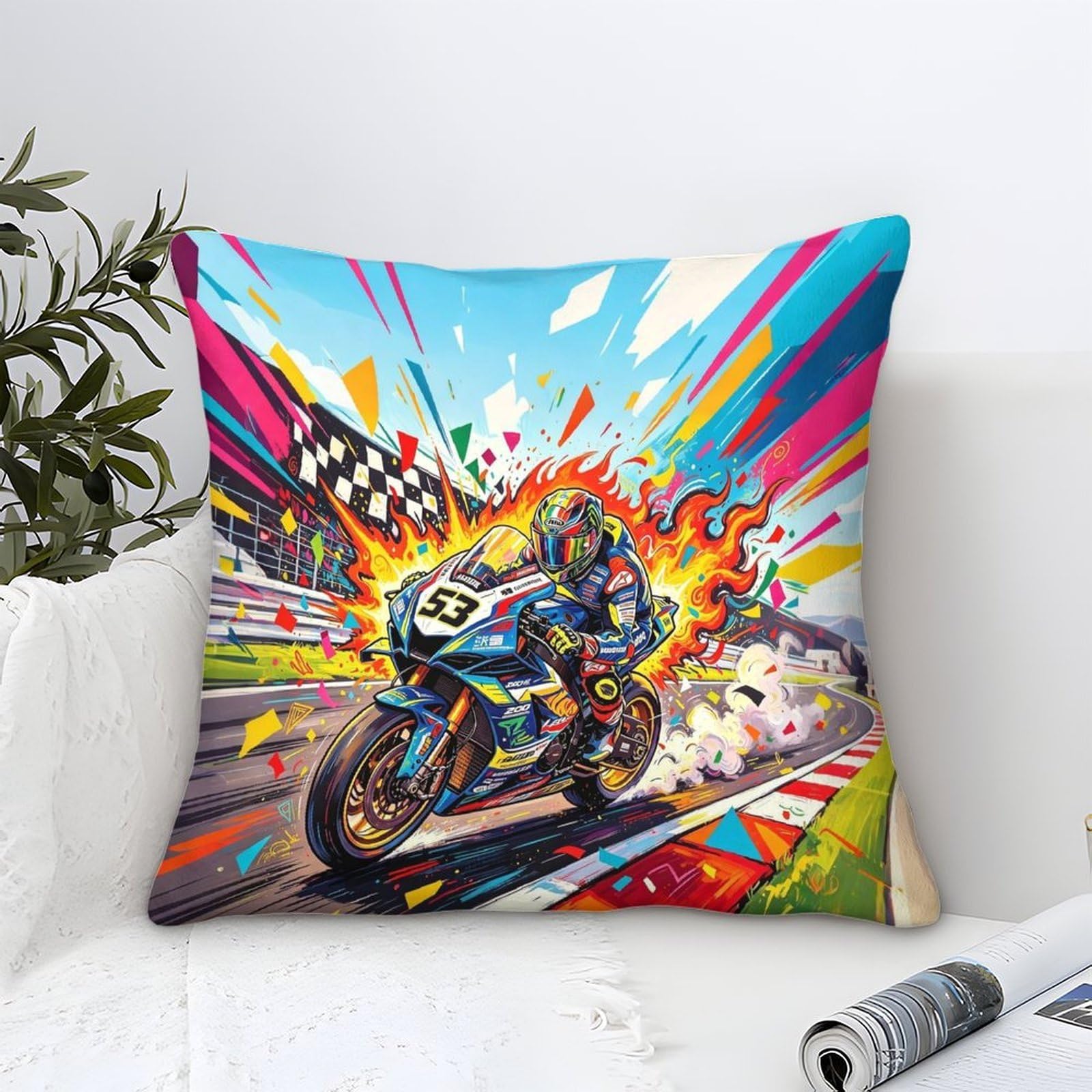 3U6C4M9K Microfiber Cushion Covers 40x40cm, One Sided Print Championship Moment Throw Pillows Square Cushion Cover Motorcycle Race Throw Pillow Cases House Decor