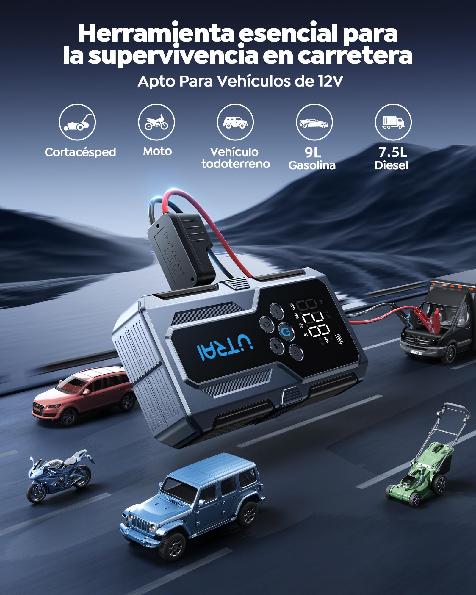 4500A Arrancador de Baterías de Coche con Compresor de Aire,UTRAI 12V Arrancador de Coches(para 9L Gasolina o 7.5L Diesel) Portatil con 18W Carga Rápida,Jump Starter,Linterna LED Salida
