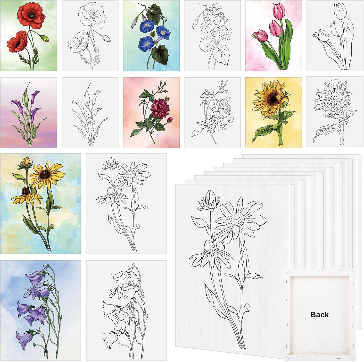 COCHIE 8 Pack 8x10 Inches Flowers Theme Pre Drawn Canvas to Paint, Pre-Printed Canvas for Ladies Sip and Paint Party Favor, Pre Sketched Canvases for Painting for Adults