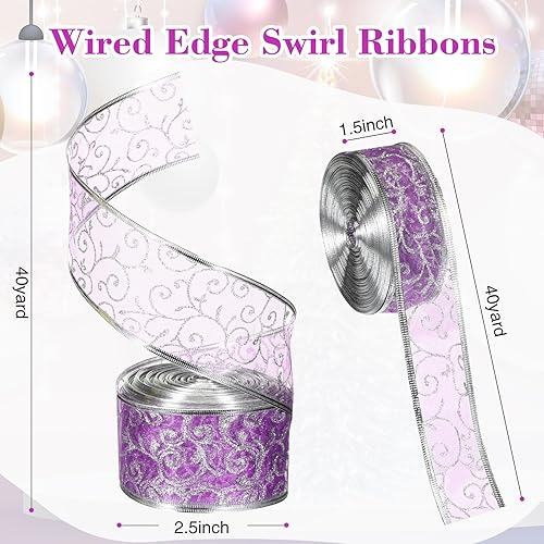 Miniatura 2 de WILLBOND 80 yardas, 2 rollos de cinta navideña con alambre de organza con purpurina para guirnalda de árbol de Navidad, cinta transparente en