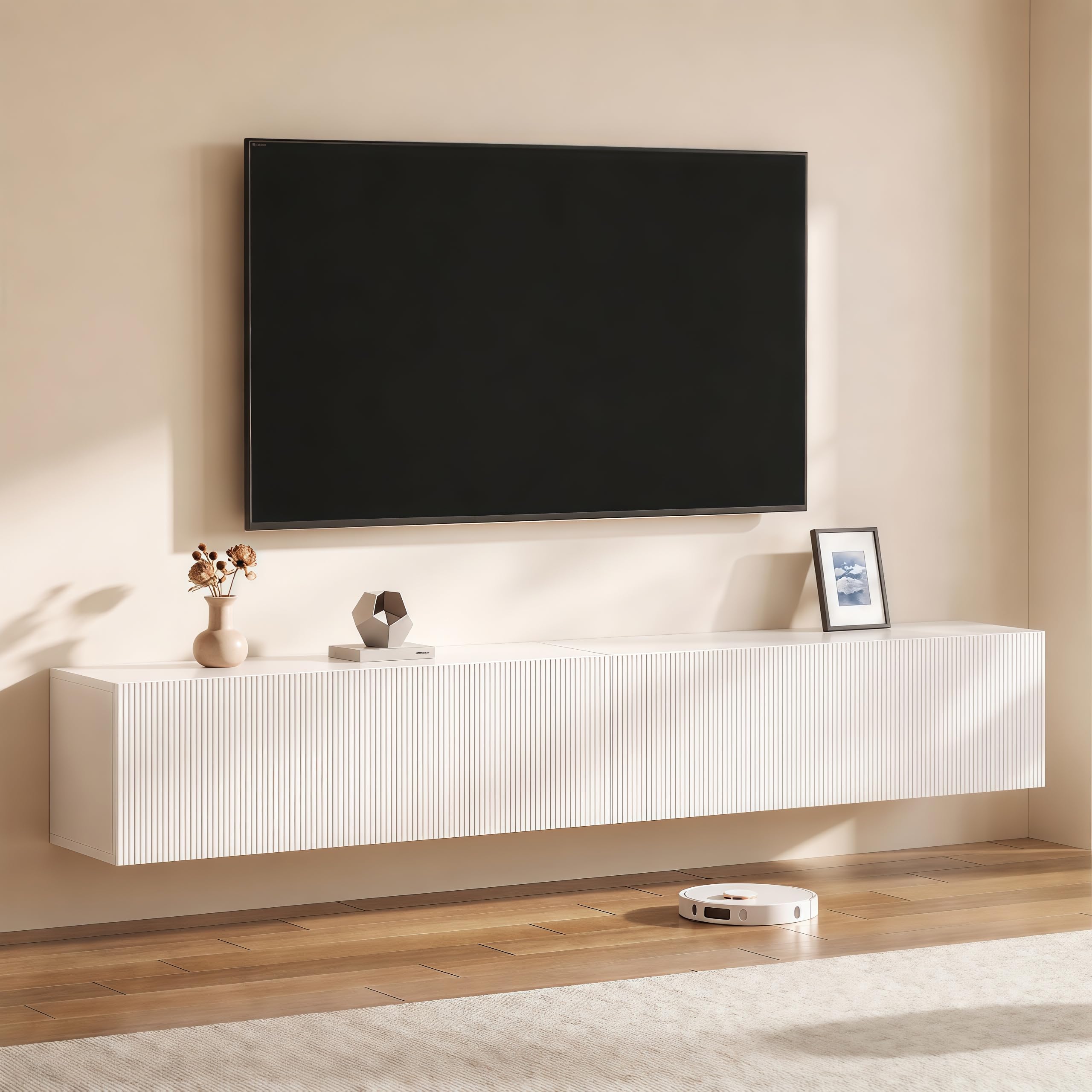 Mobile TV Sospeso 200x30x31cm, Mobile da Parete con 4 Scomparti Archiviazione, Mobile TV Moderno, Bianco, Adatto per TV fino a 85 Pollici per Soggiorno e Camera da Letto