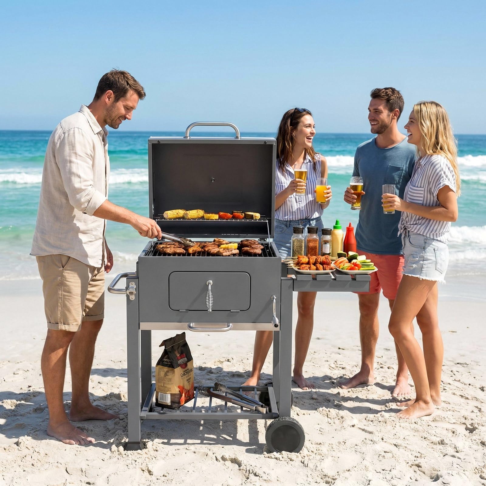 TLGREEN Holzkohlegrill mit Deckel, Thermometer, 2 Räder, Emaille & Verchromtes Grillrost, Aschekasten Holzkohle, Höhenverstellbar Grillwagen, 124x56x140cm, BBQ Smoker für Garten, Camping, Grau