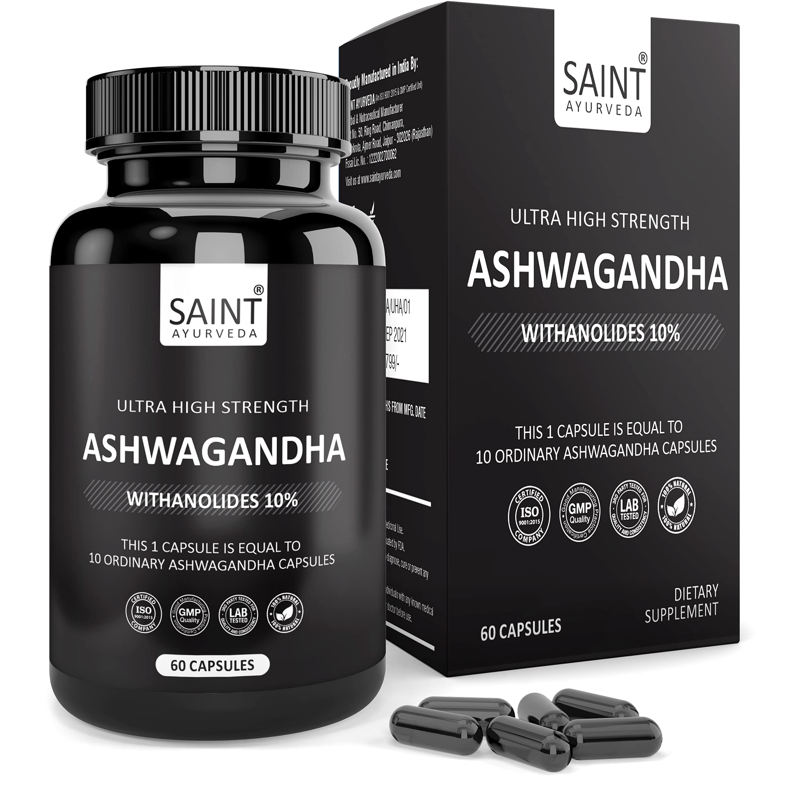 Saint Ayurveda® Ultra High Strength Ashwagandha - Most Powerful Extract with 10% Withanolides, Support for Stress & Anxiety, Muscle Strength & Immunity (60 Herbal Capsules) (B09FP7G5TD) Amazon Price History, Amazon Price Tracker