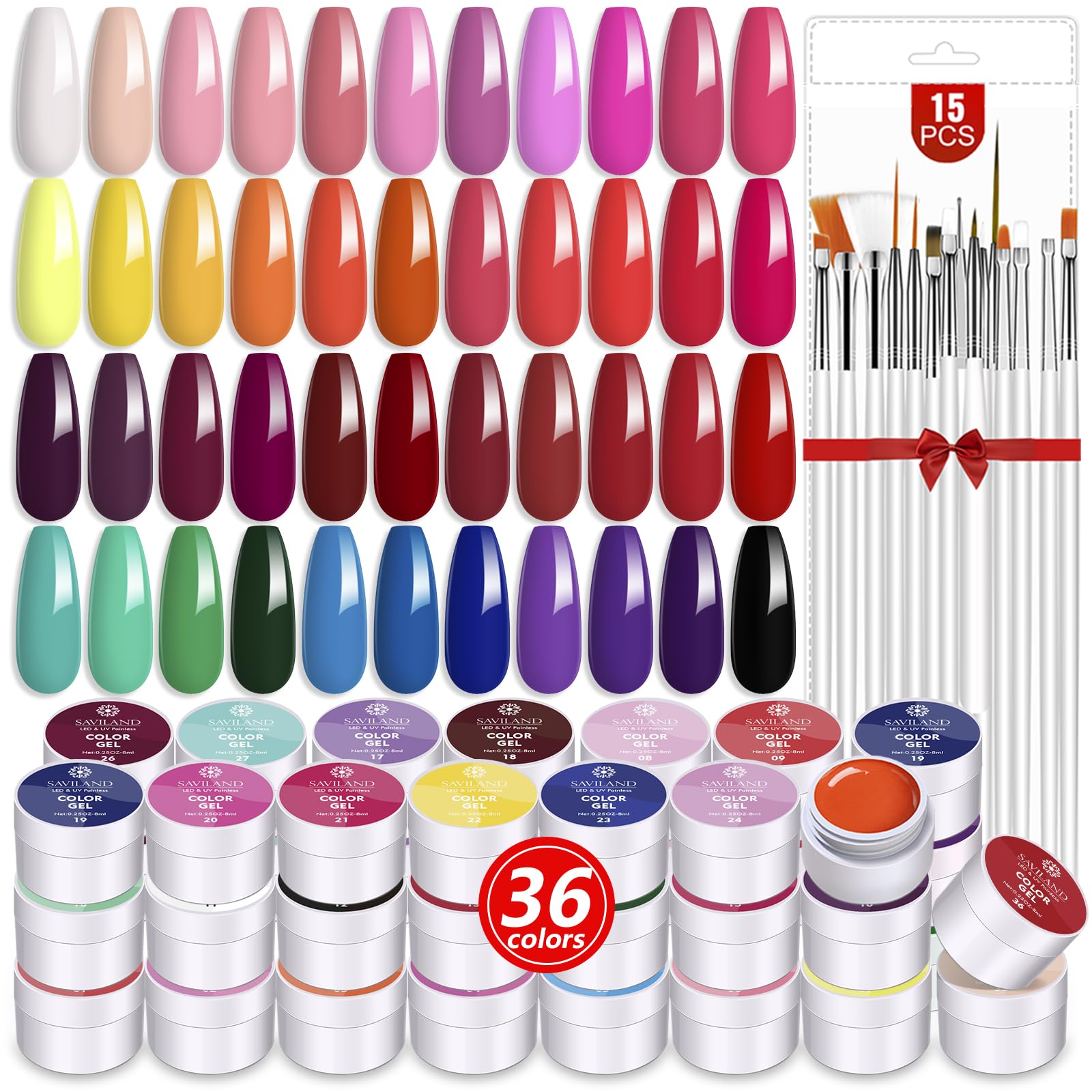 Saviland 36 Colors Gel Paint Nail Art Kit - Fall Color French Ombre Nail Kit Solid Nail Art Gel Polish with 15pcs Painting Drawing Nail Brushes for DIY Nail Art Design & Manicure Nail Salon