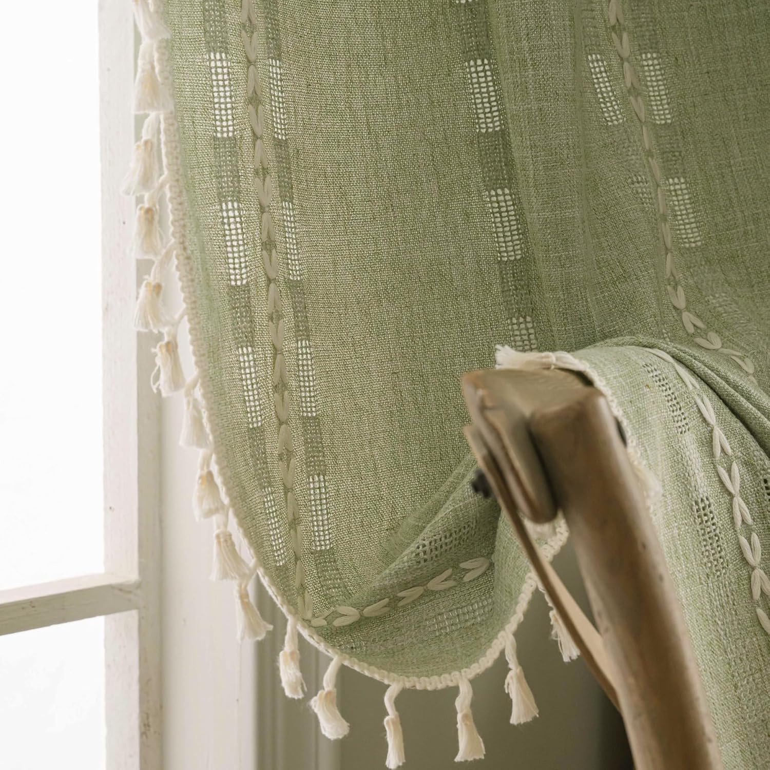 Boho Curtains 84 inch Length Vintage Cotton Linen Curtain Panels for Living Room Rod Pocket Light Filtering Farmhouse Striped Embroidery Window Drapes for Home Decor 1 Panel W55 X L84 inch