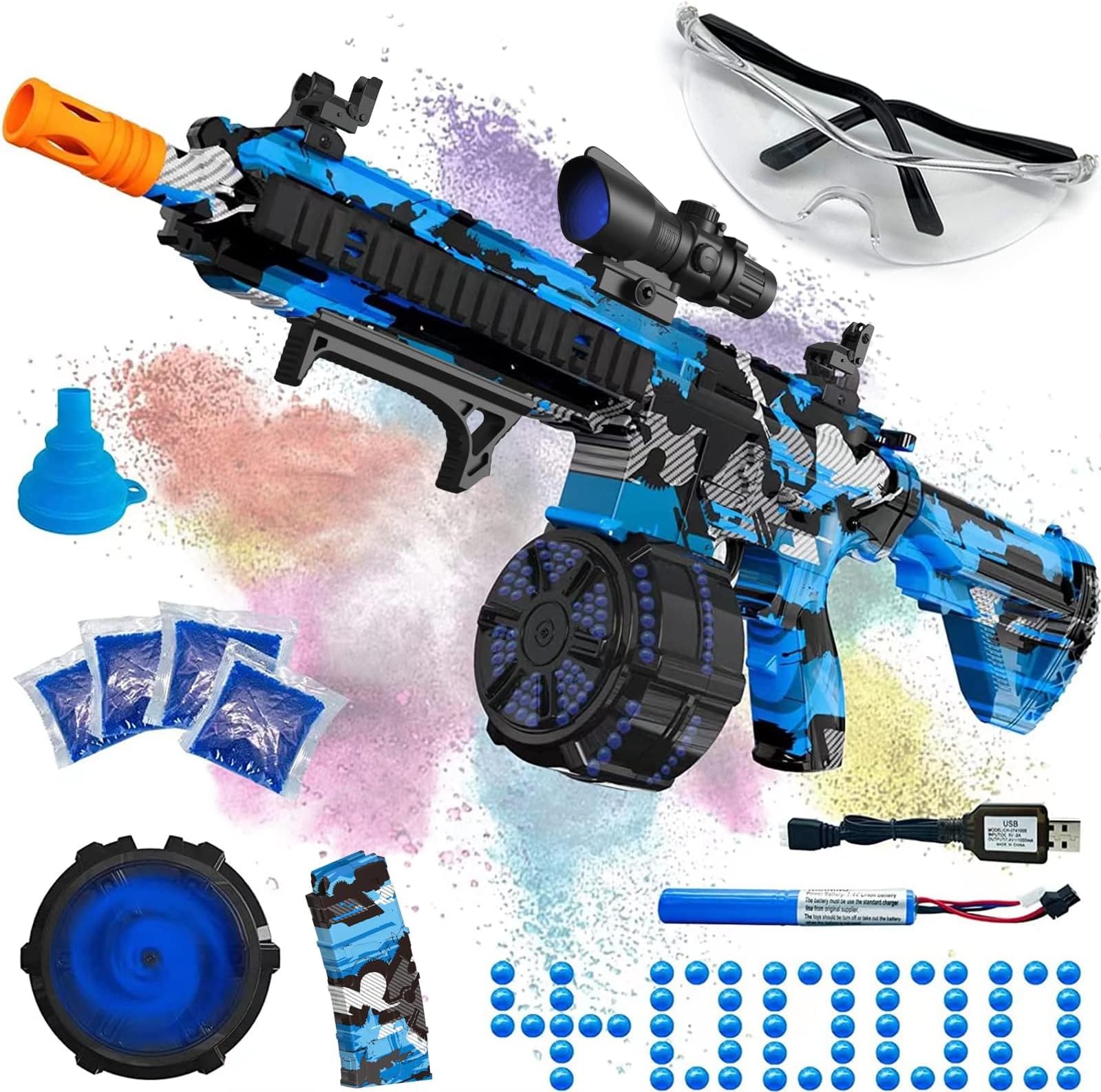 SUPBEC Electric Gel Ball Blaster, High Speed Automatic Splatter Ball Blaster with 40000+ and Goggles, Rechargeable Splatter Ball Toys for Outdoor Activities Game Party Favors-Blue