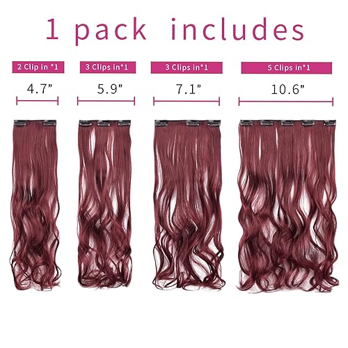 Miniatura 7 de SYXLCYGG Extensiones de cabello ondulado color burdeos, 4 piezas, extensiones de cabello sintético de 18 pulgadas, 5.5 onzas, rizado, color rojo