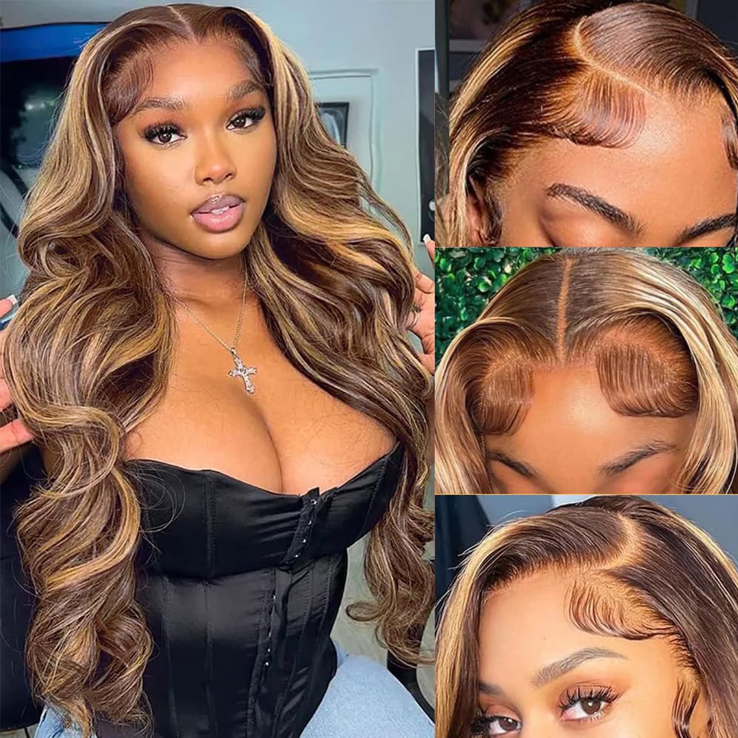 Highlight Ombre 13×6 Lace Front Wig Human Hair 28 Inch Body Wave Honey Blonde Glueless HD Transparent Lace Frontal Wigs for Women 180 Density Human Hair Pre Plucked with Baby Hair