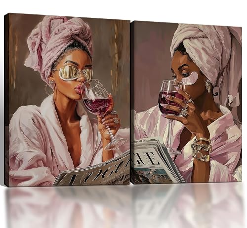 Black Woman Pink Fashion Bathroom Wall Art Set of 2,