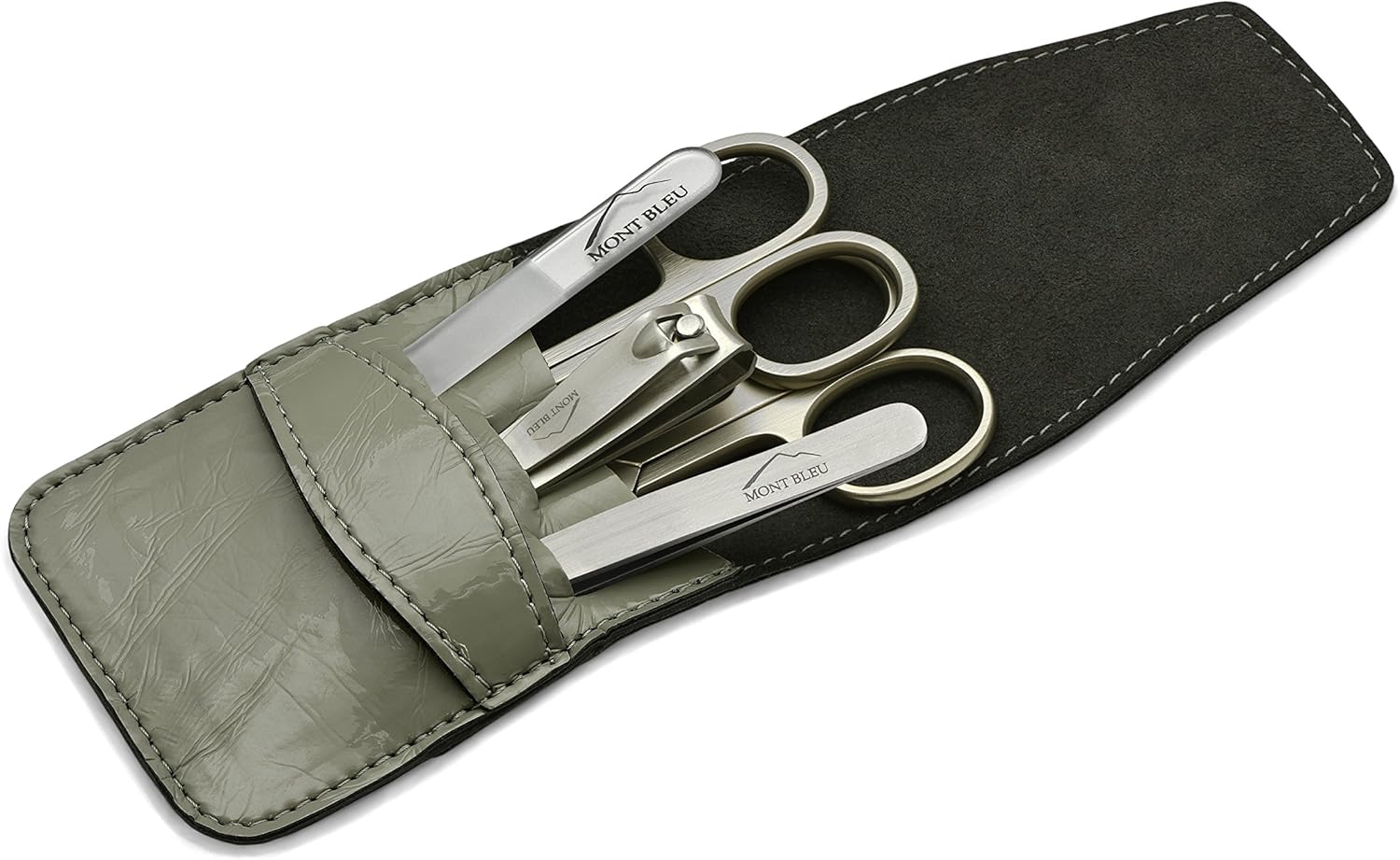 Mont Bleu 5-piece Manicure Set with crystal nail file, in Cruelty Free Grey Leatherette Case | Italian Scissors - Silver Czech Crystal Nail File - German Case