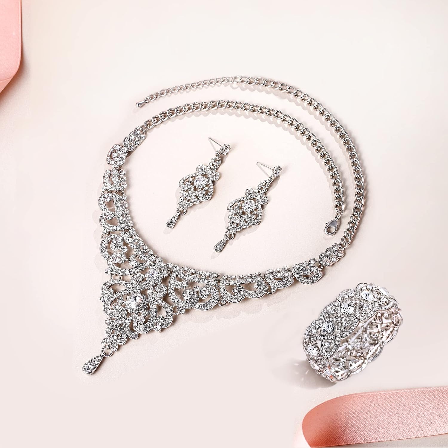 EVER FAITH Wedding Jewelry Sets Crystal Retro 1920s Vase Art Deco Bridal Prom Necklace Earrings Stretch Bracelet Set for Bride - Image 4