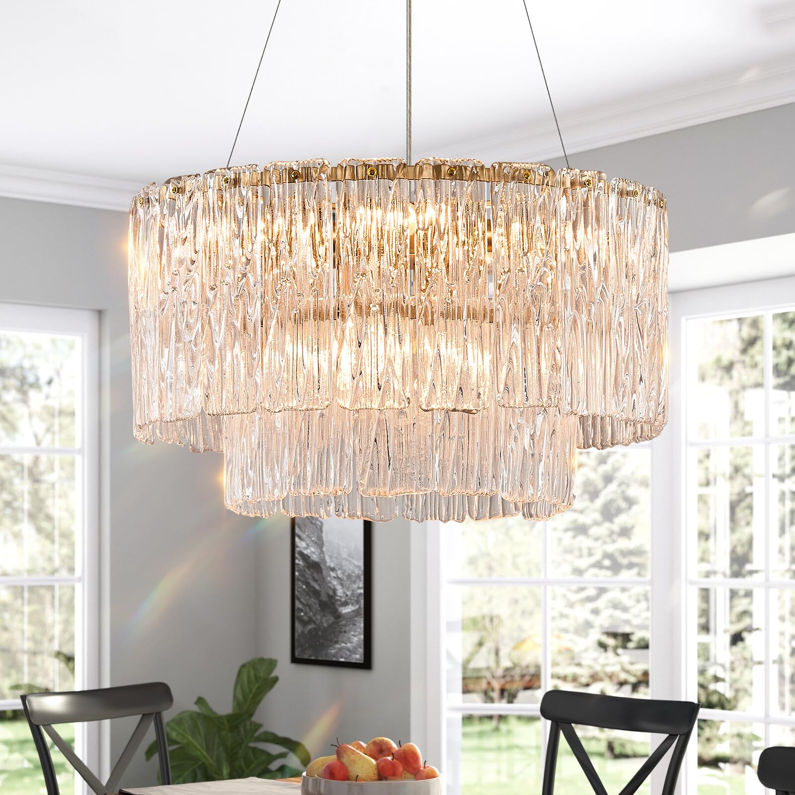CATINER Modern Gold Chandeliers,20” Crystal Glass Pendant Ceiling Light Fixtures 7-Light Round Chandelier Luxury 2 Tiers Hanging Chandelier for Dining Room Foyer Living Room Bedroom