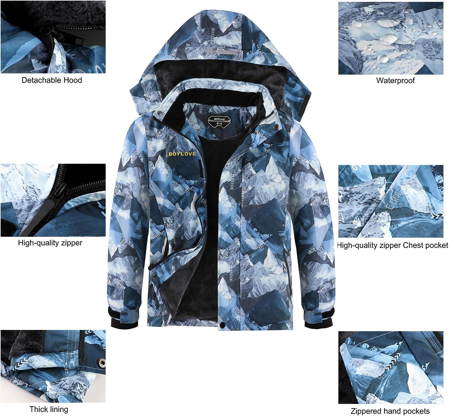 Boy's Ski Jackets Waterproof Winter Coat Fleece Windproof Snowboarding Jacket with Detachable Hood - Image 6