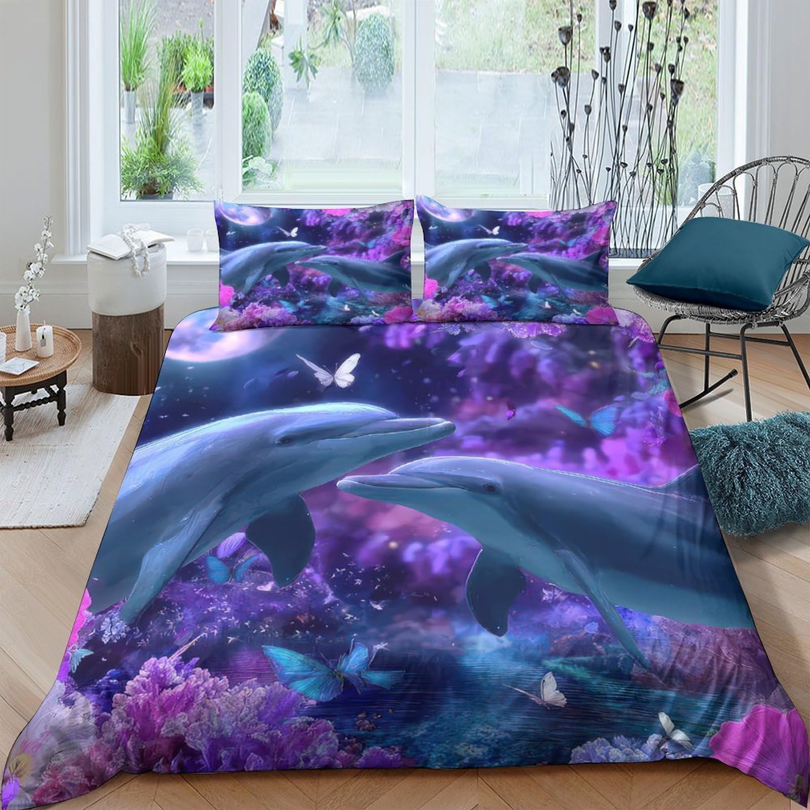 Ctjqhvkz Style-6 3D Printed Ocean Dolphin Fitted Sheet Microfiber Purple Fantasy Reef Mattress Cover For Bedroom Guest Room Decor Single（135X200cm）