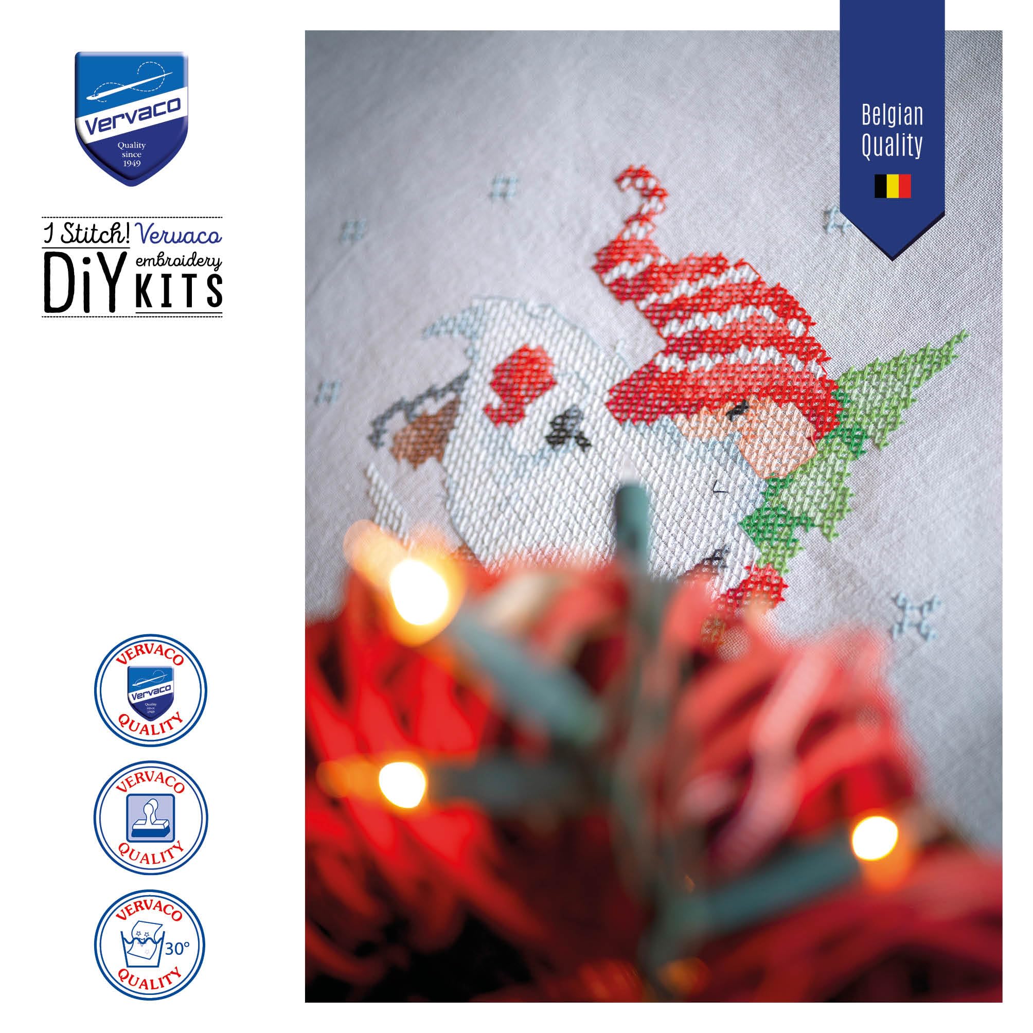 Vervaco Kreuzstich Stickpackungen Tischdecke Weihnachtsgnome Stickdecken Vorgezeichnet Basteln Erwachsene Kreativ Set Vorgedruckte Decke Sticken 80 x 80 cm Stickset DIY Sticken Set