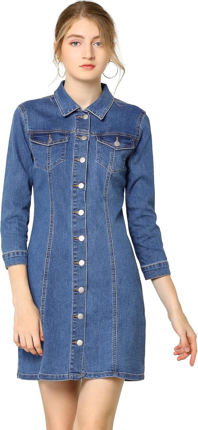 Allegra K Women's Button Down Denim Dress 3/4 Sleeve Summer 2025 Jeans Mini Dress