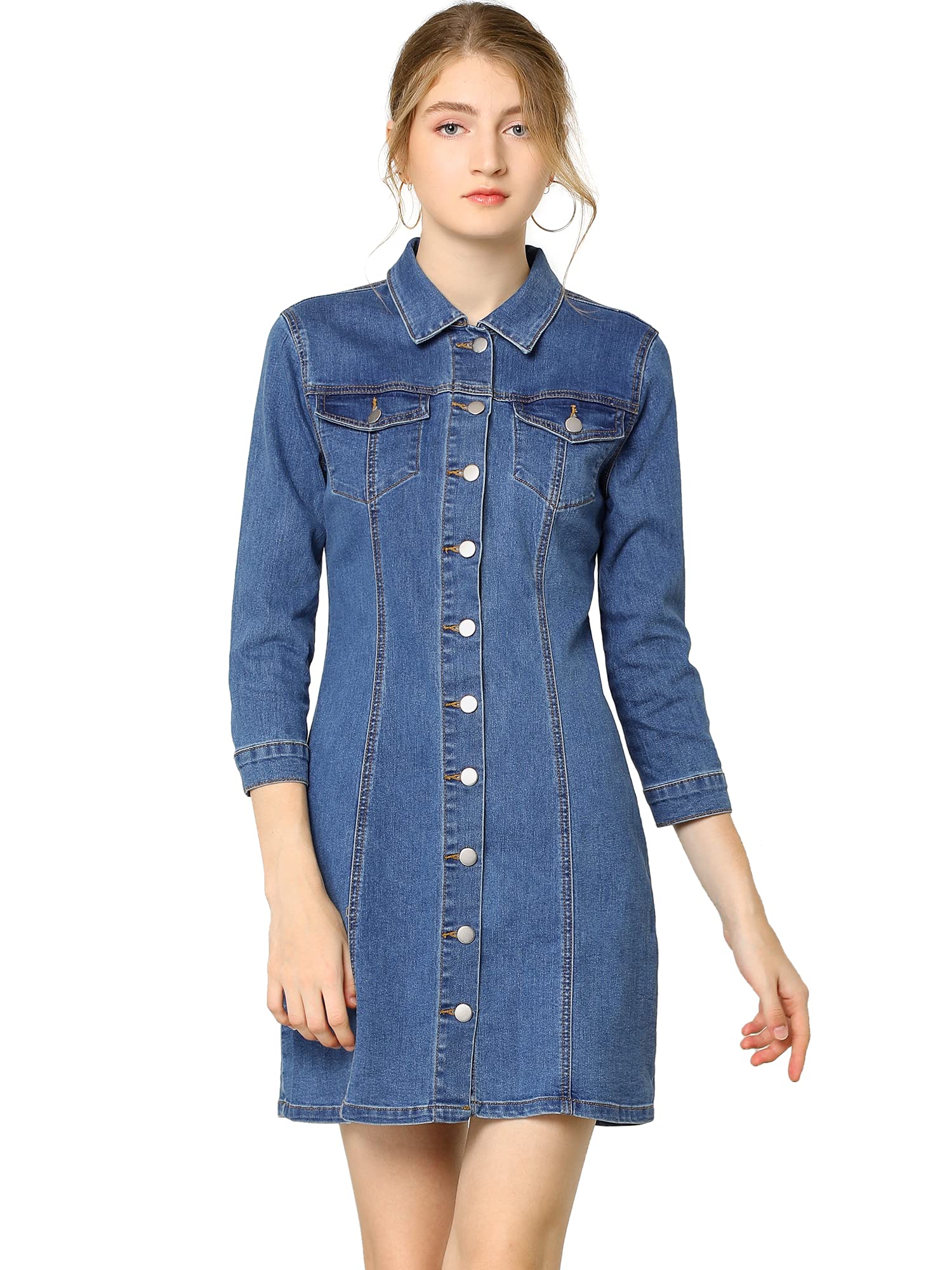 Allegra K Women's Button Down Denim Dress 3/4 Sleeve Summer 2025 Jeans Mini Dress