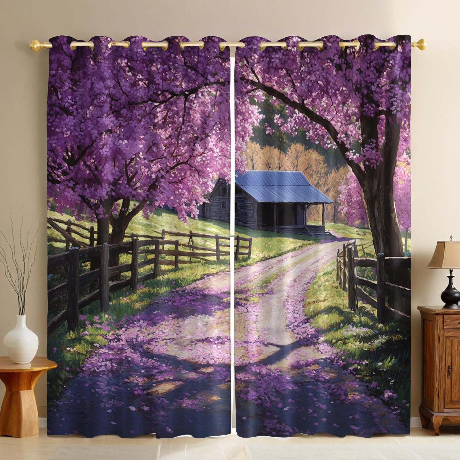 Rideaux occultants roses chemin des cerisiers en fleurs pour chambre - 110x215 cm