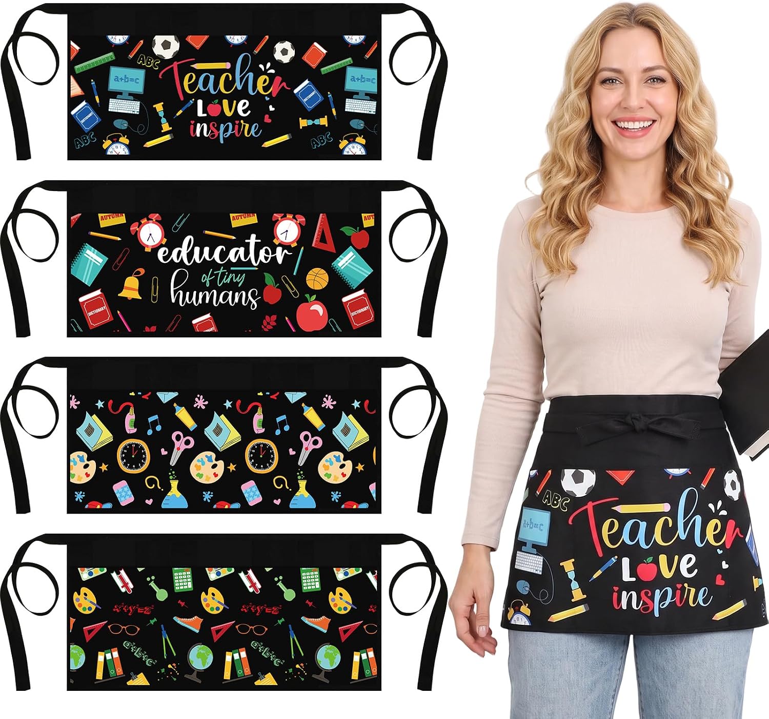 4 Pcs Waist Apron for Teacher with 3 Pockets Back to School Gifts | Extra Long Ties,Easy Storage with Pockets,Breathable Fabric,Wide Use Scenario for Teacher Gift Preschool Supplies Group Event
