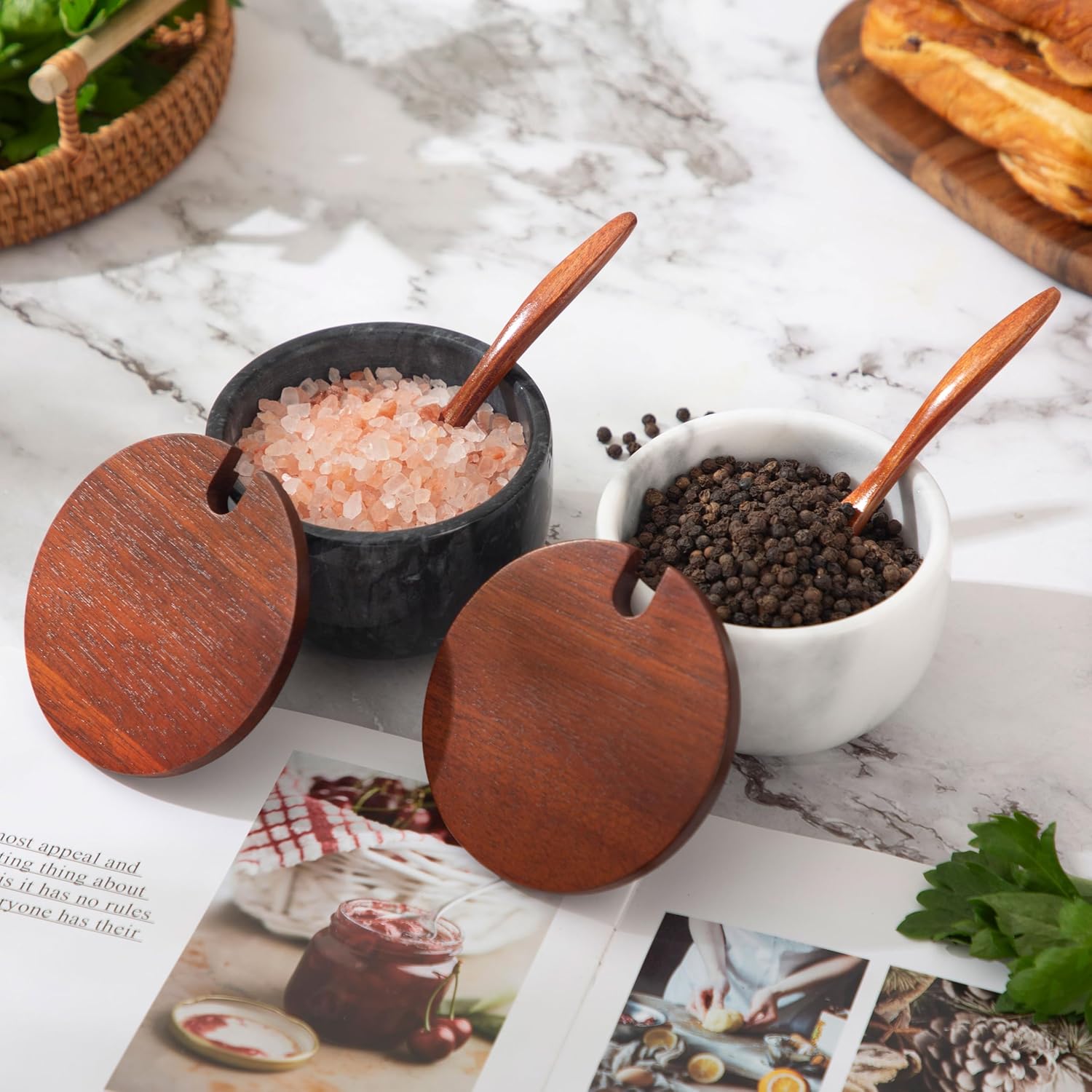 Marble Salt Cellar with Lid & Spoon, 11oz Salt and Pepper bowls, Handcrafted from Natural Marble, Smooth Inside ((white+black) bowl)