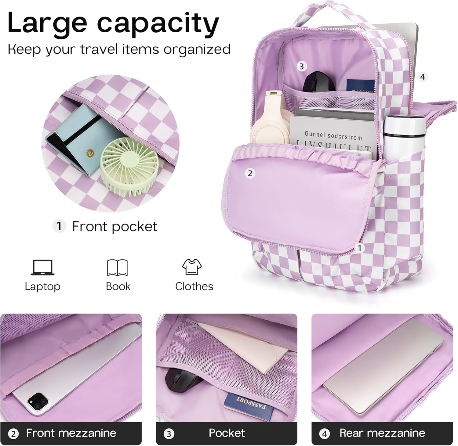 Checkered Backpack for Women Fashion Backpacks with Laptop and Multi Compartment for Travel and Work Light Purple Check