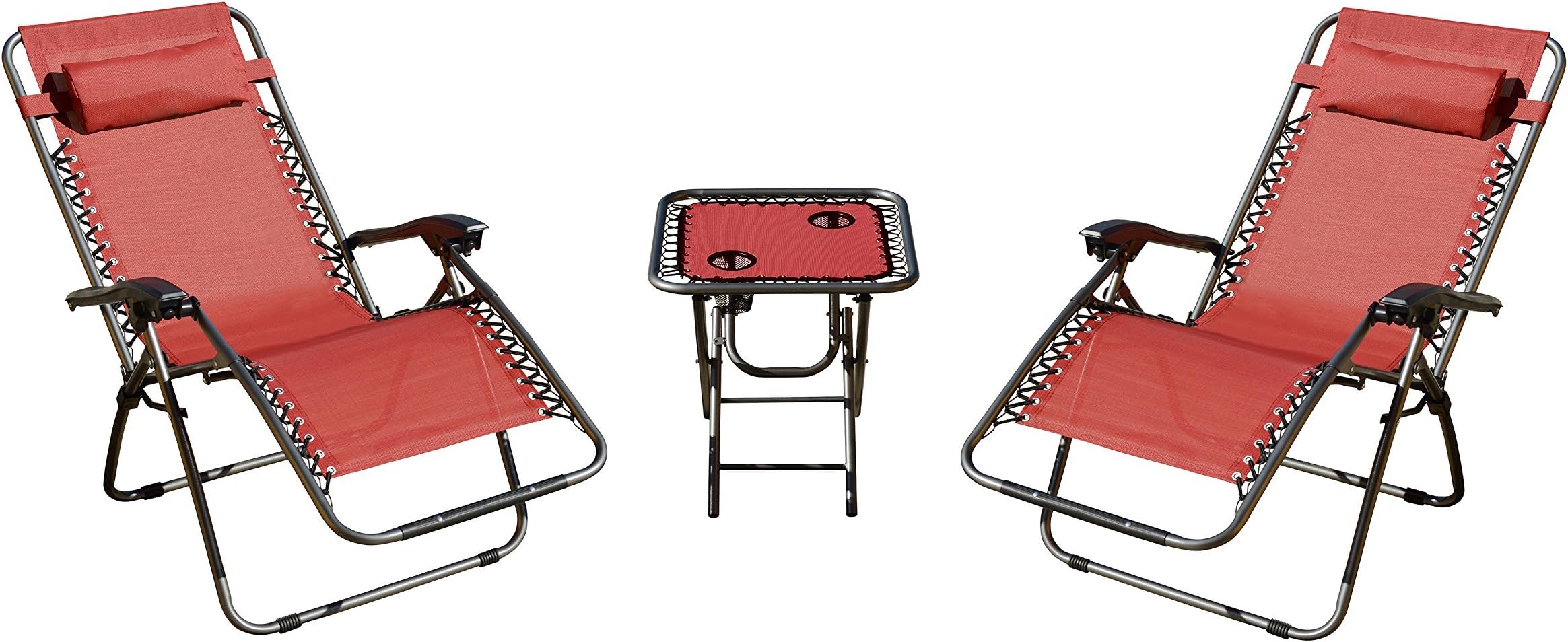 Akari Decor3pcs Set Deluxe 2-Pack Furniture Zero Gravity Chairs Outdoor Indoor Portable Lounge & Folding Table w/Cup Holder Set for Beach Recliner Camping Lawn Balcony Deck, (3 pcs Set) (Red)