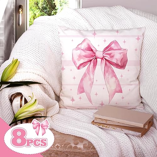 Miniatura 4 de Juego de 8 fundas de almohada con lazo rosa de 18 x 18 pulgadas, coqueta rosa, decoración de habitación, juego de fundas de almohada con lazo