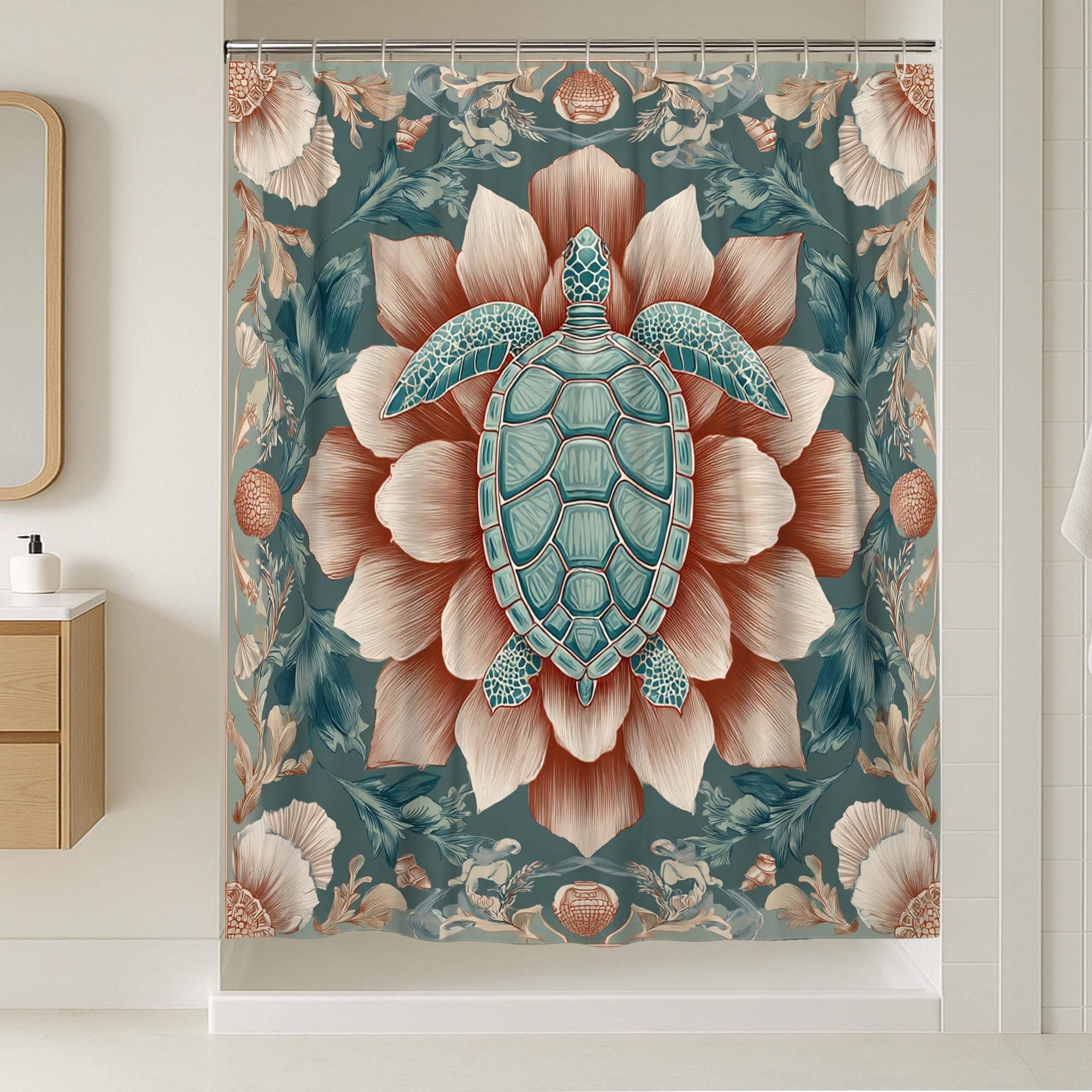 Rideau de douche extra long lavable bleu sarcelle motif tortue tropicale