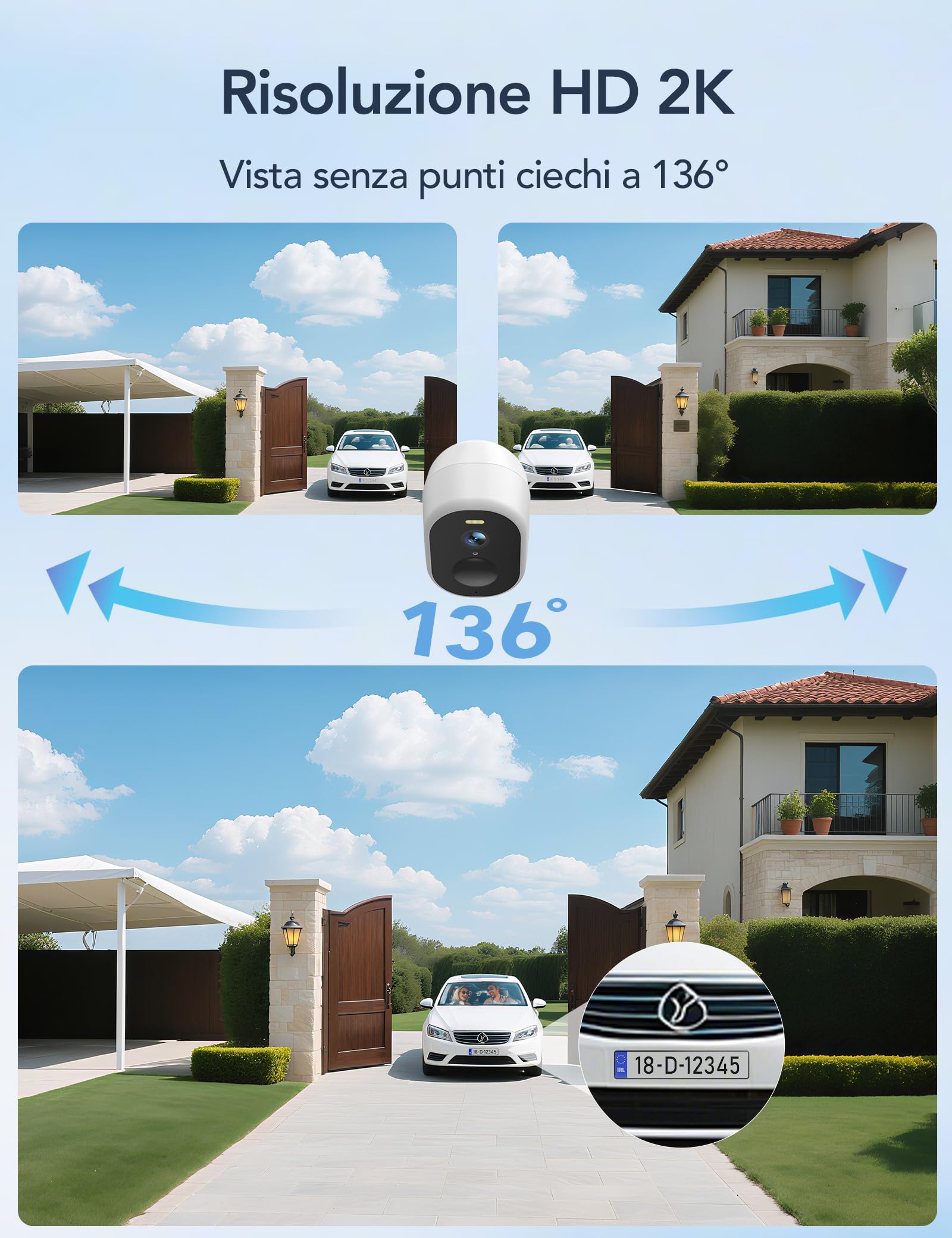 GNCC 2K Telecamera Wi-Fi Esterno Batteria Senza Fili Con Solare Pannello | Videocamera Esterno con Visione Notturna a Colori, Audio Bidirezionale, Allarmi PIR, Funziona con Alexa, 2.4G/5GHz WiFi, IP65