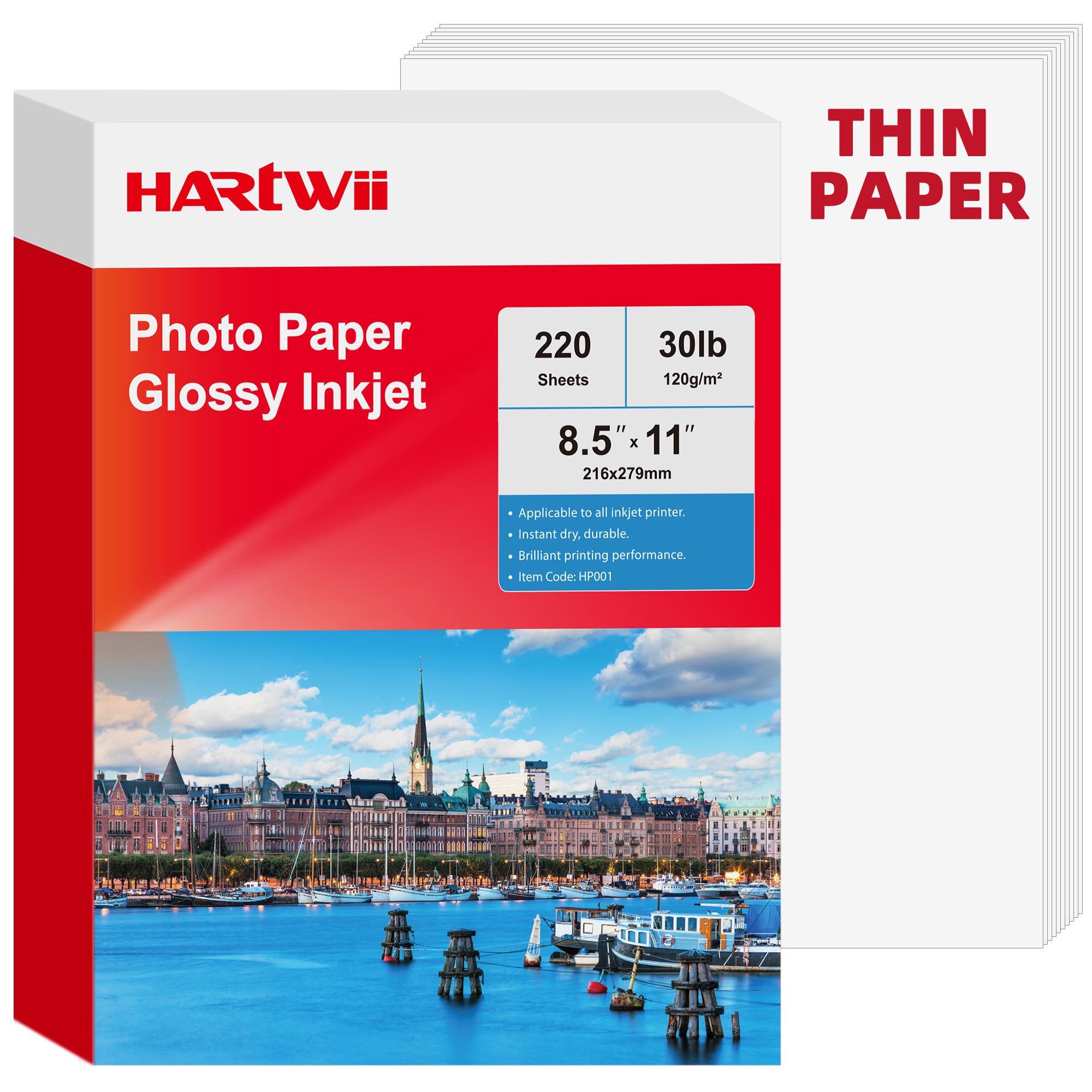 220 Blatt dünnes Papier, glänzend, für Tintenstrahldrucker, 21,6 x 27,9 cm, 13,6 kg, 120 g/m², A4, Briefgröße, geeignet für alle Farbstoffdrucker HP001