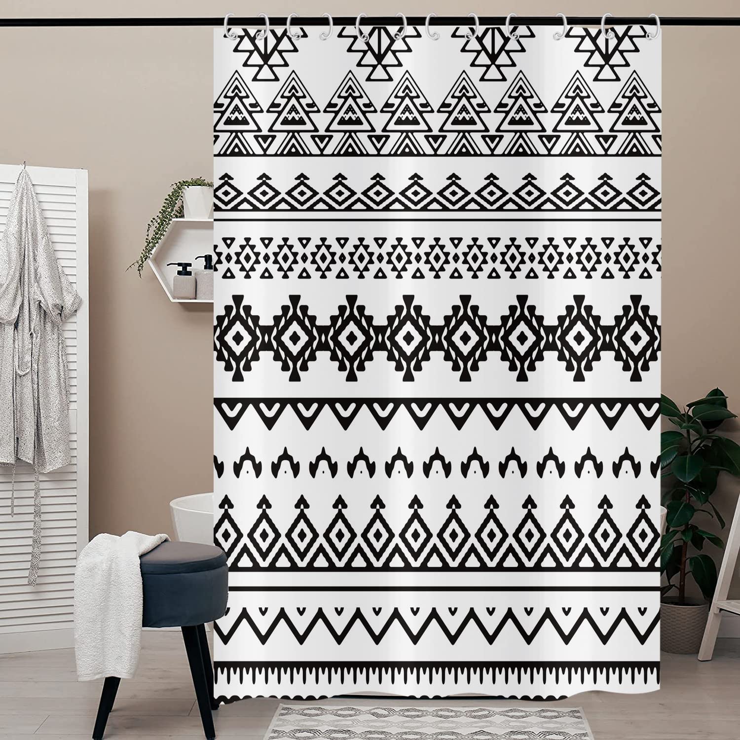 Hnmdmyi Boho Shower Curtain 180x180, Black and White Shower Curtains Farmhouse Geometric Tribal Bohemain Bathroom Curtains with Hooks Waterproof Polyester Fabric Washable Bath Curtains for Wet Room — image 1